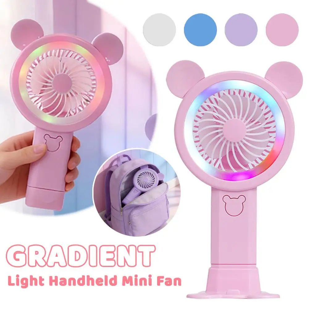 2026 New Gradient Light Handheld Mini Fan Portable Lovely Pink Cartoon Windy Fan Cute Round Ears Desktop Small Electric Fan