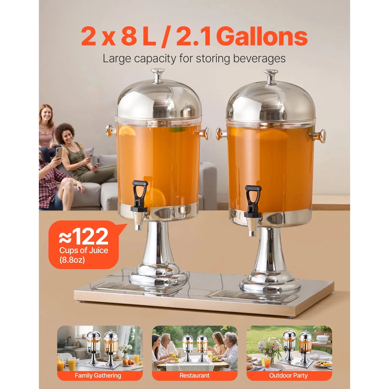 SucceBuy Beverage Dispenser 2.1 Gallon x2 Drink Dispenser, Stainless Steel + Plastic with Spigot Chamber Tray for Restaurants