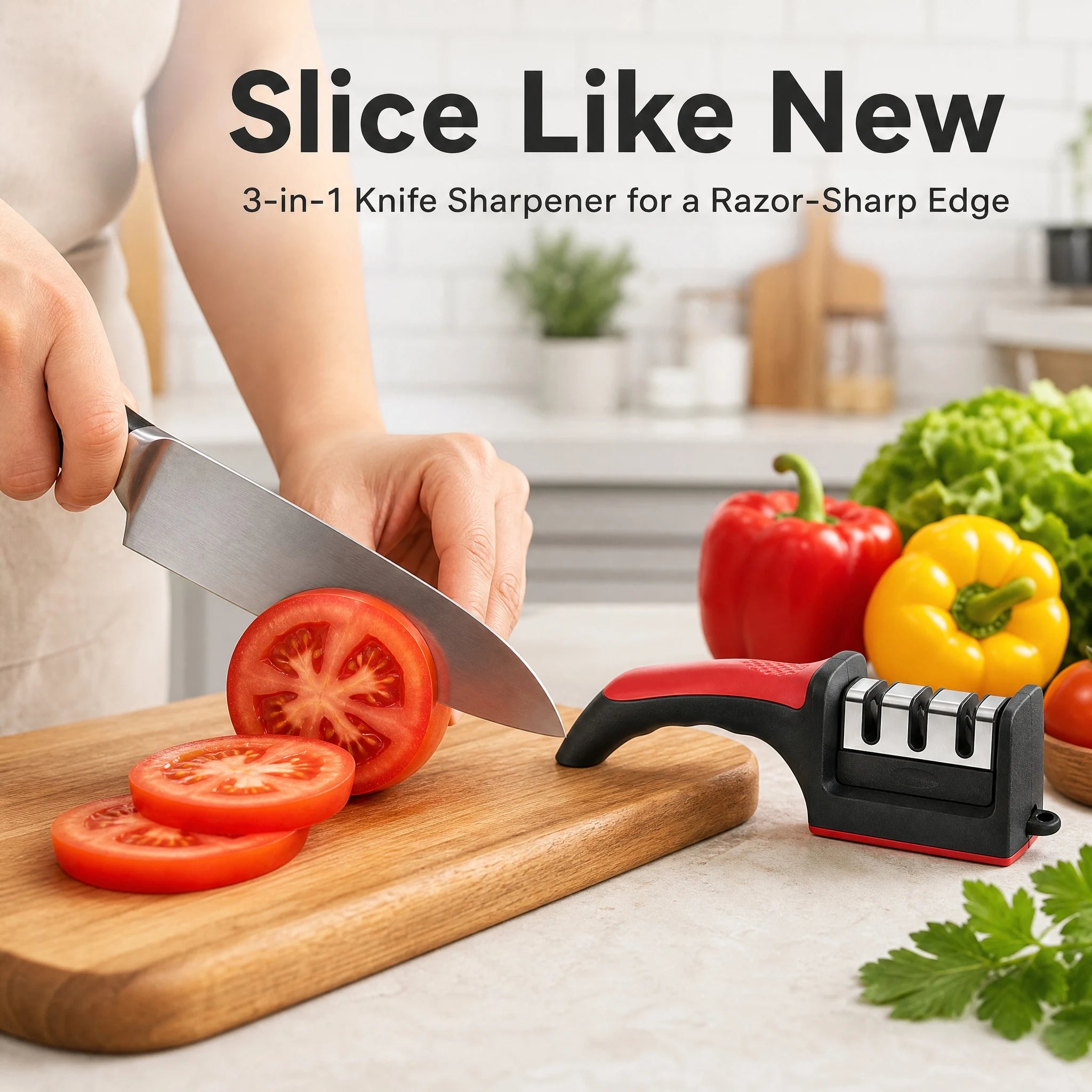 3-in-1 Knife Sharpener with 3 Tungsten Steel Stages, 21cm Sharpener for Chef & Kitchen Knives, Coarse Medium Fine