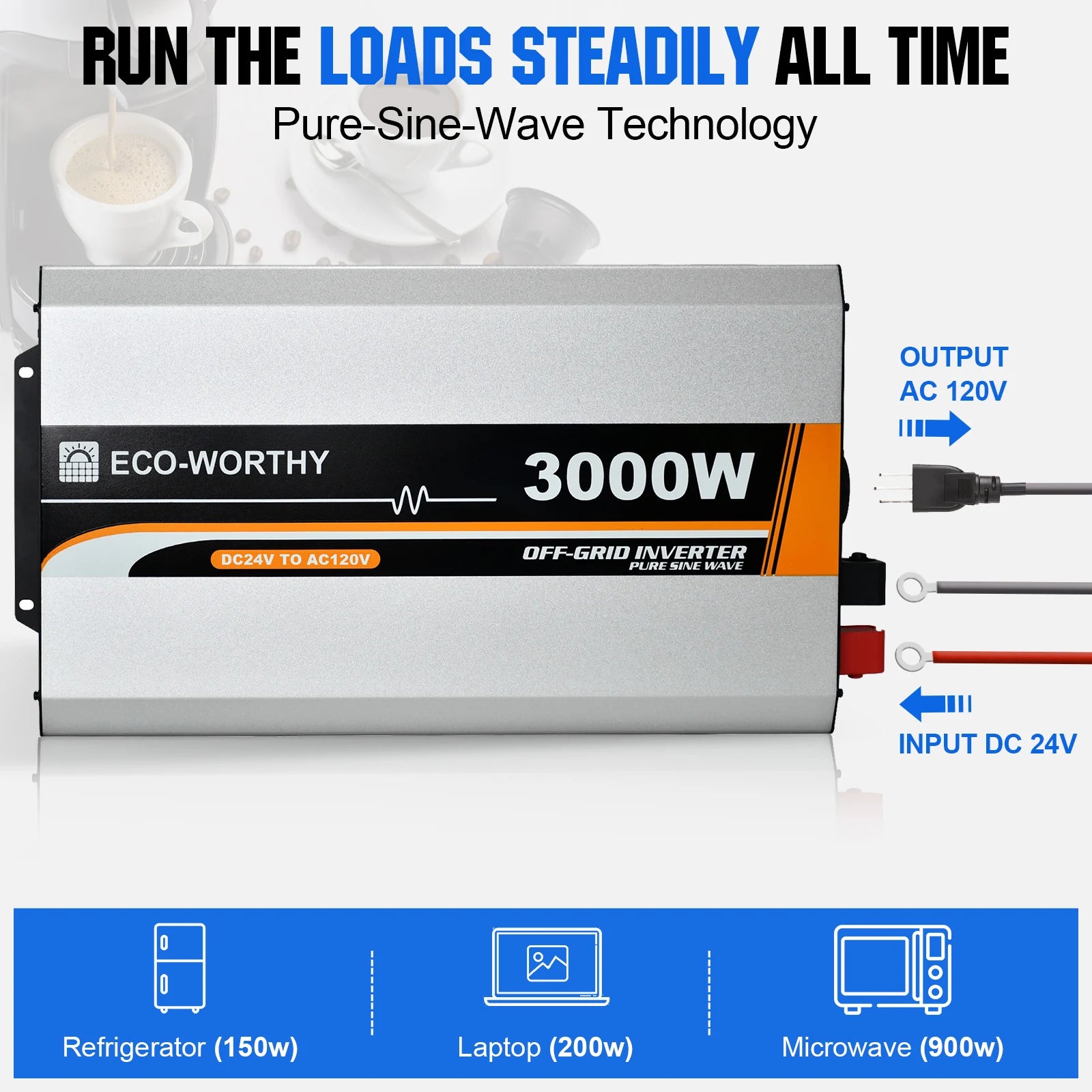 ECO-WORTHY 3000W Pure Sine Wave Solar Power Inverter 24V DC to 120V AC Converter with Remote Control,1*AC Outlet for Home RV