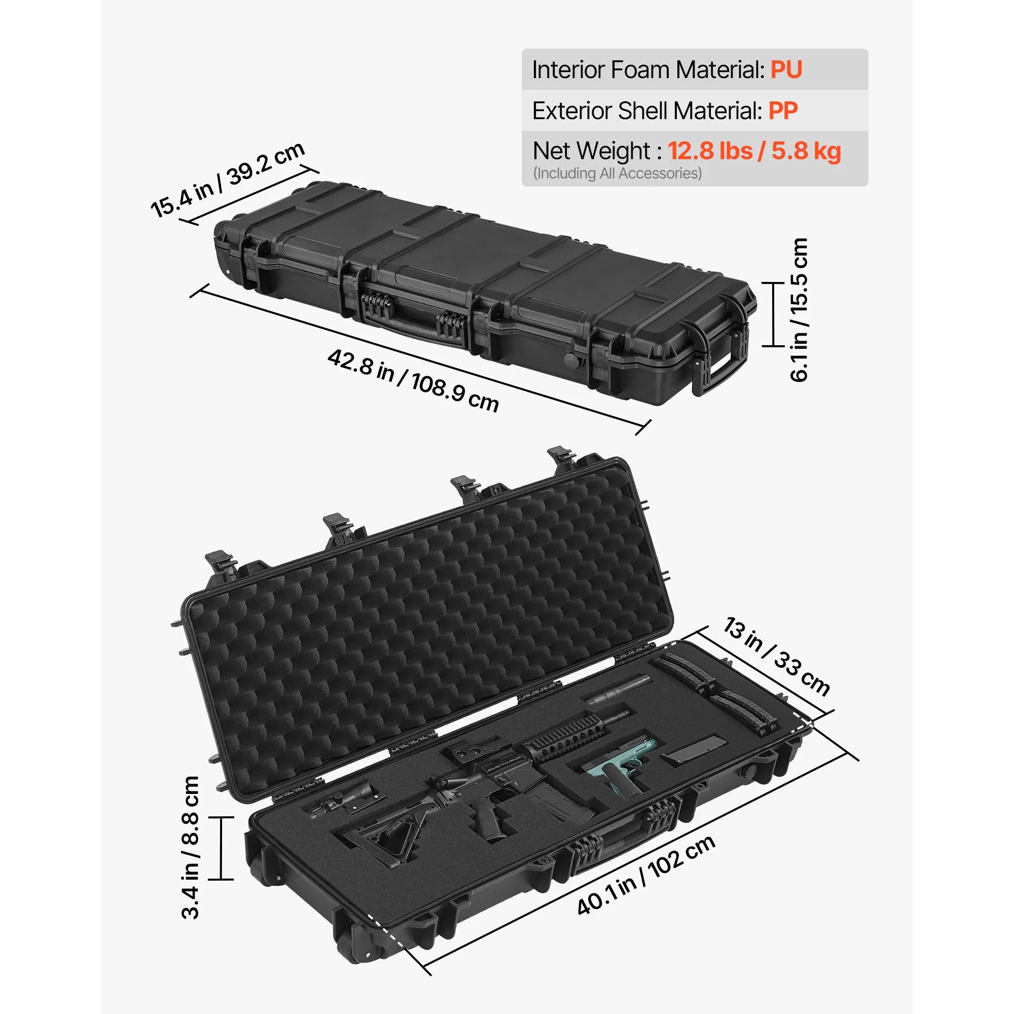 SucceBuy Hard Rifle Case Lockable Rifle Case with Pre-cut Foams Wheels IP67 Waterproof Pistol Storage Cases for Rifles Shotguns