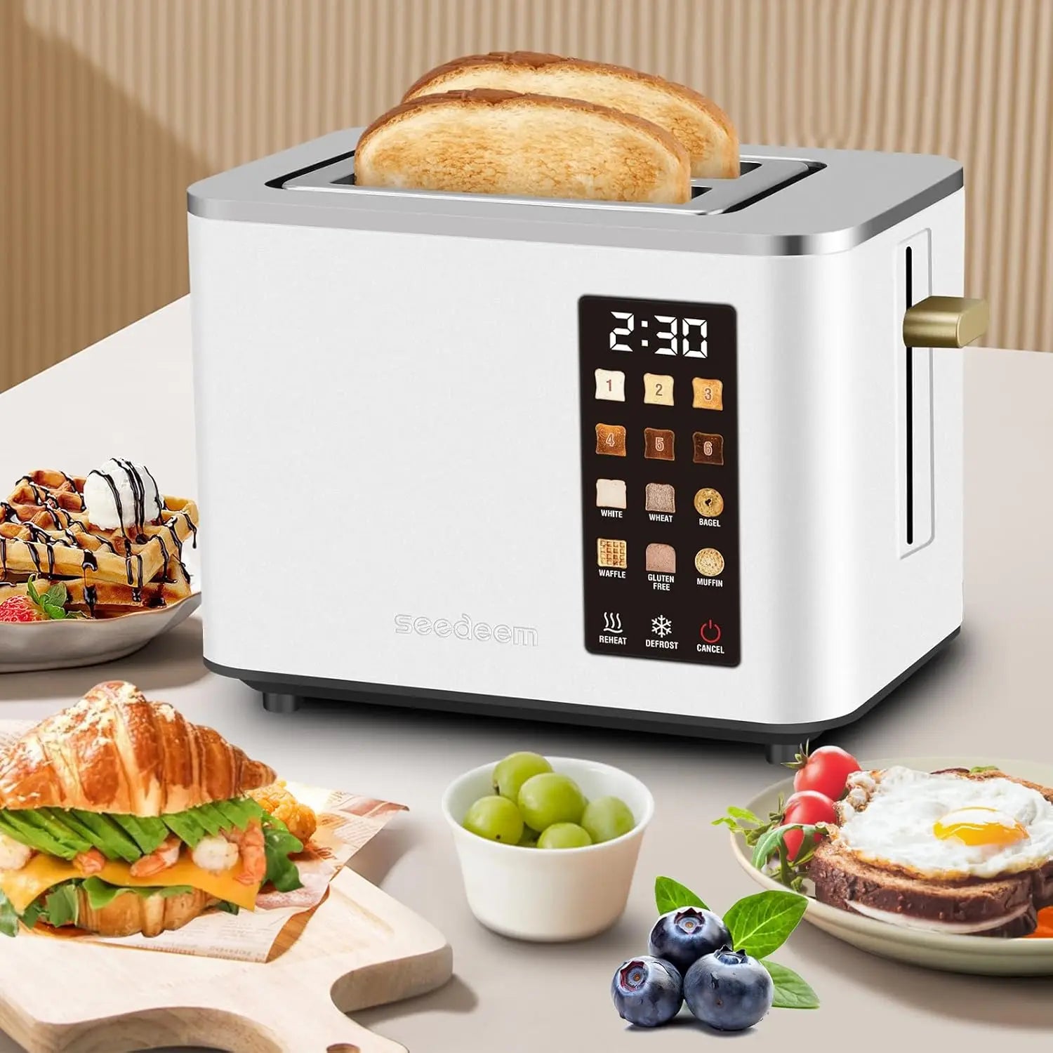 Toaster 2 Slice, Touch Control Screen, Smart Stainless Toaster, 6 Shade Setting, 6 Bread Selection, Countdown, Removable Crumb Tray, 900W,Household Appliances