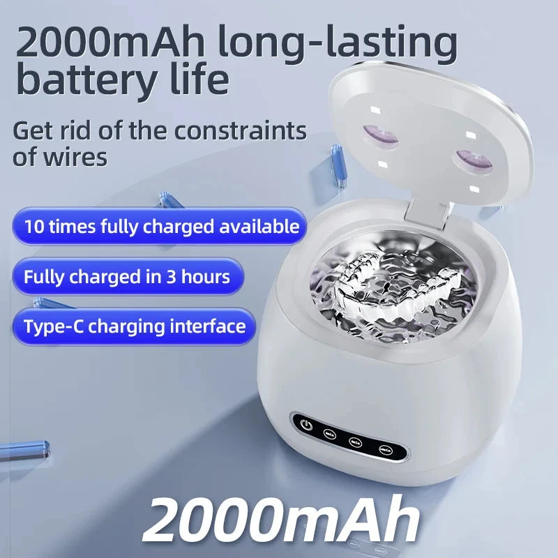Portable 48KHZ Ultrasonic Denture Cleaner UV Sanitizer Retainer Aligner Cleaning Machine 200ml Travel Braces Pods Jewelry