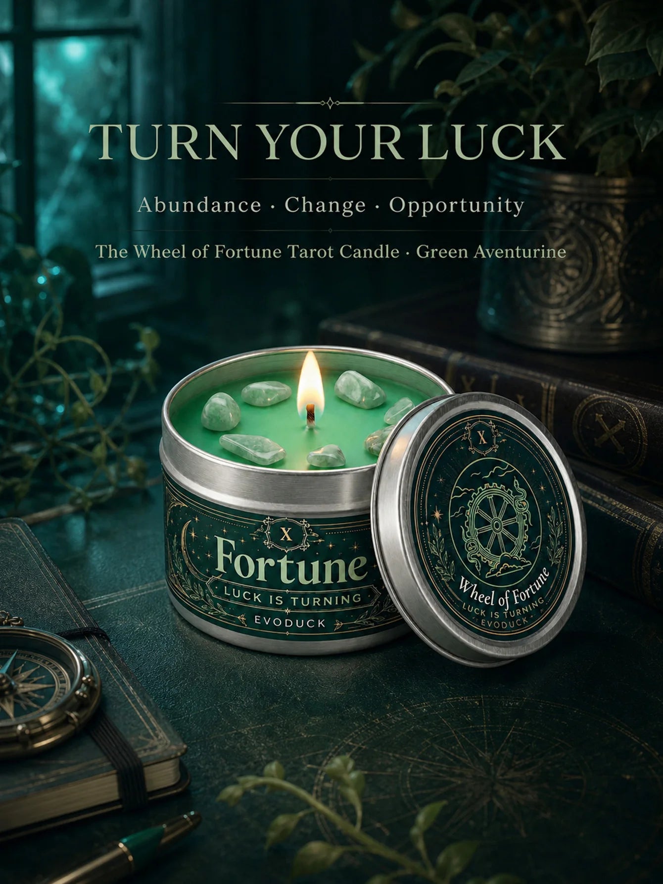 EVODUCK Wheel of Fortune Tarot Candle with Green Crystal Stones, Green Wax Scented Silver Tin Candle, Luck Is Turning Spiritual Ritual Candle for Meditation, Abundance Prosperity, Witchy Altar Decor, New Year Birthday Christm
