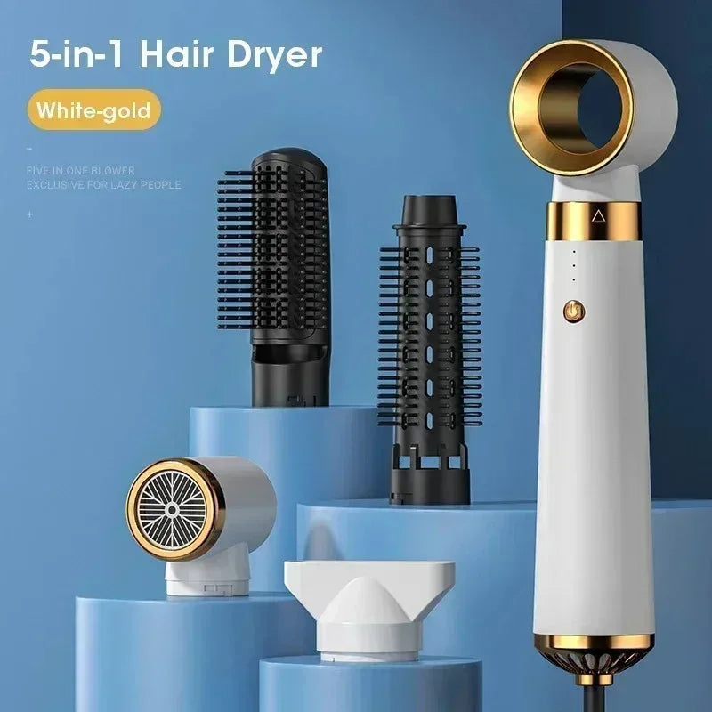 Travel Hair Dryer 5-in-1 with Straightener Curler Negative Ion Fast Drying Strong Wind 110V-220V for Home Salon Use