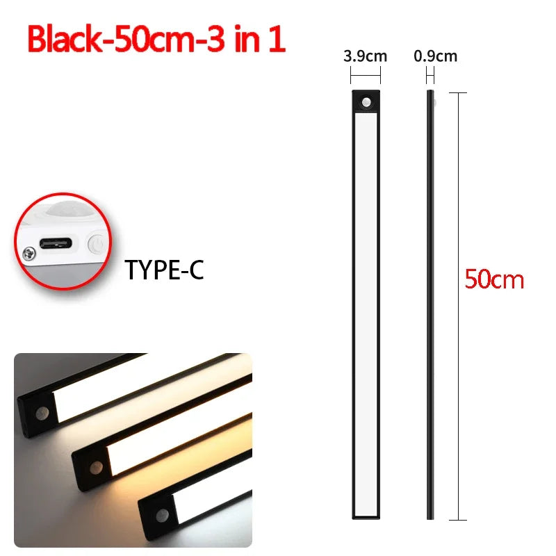 3 in 1 LED Under Cabinet Lights Motion Sensor Night Light Ultrathin Rechargeable Led Lamp Closet Kitchen Cabinet Indoor Lighting