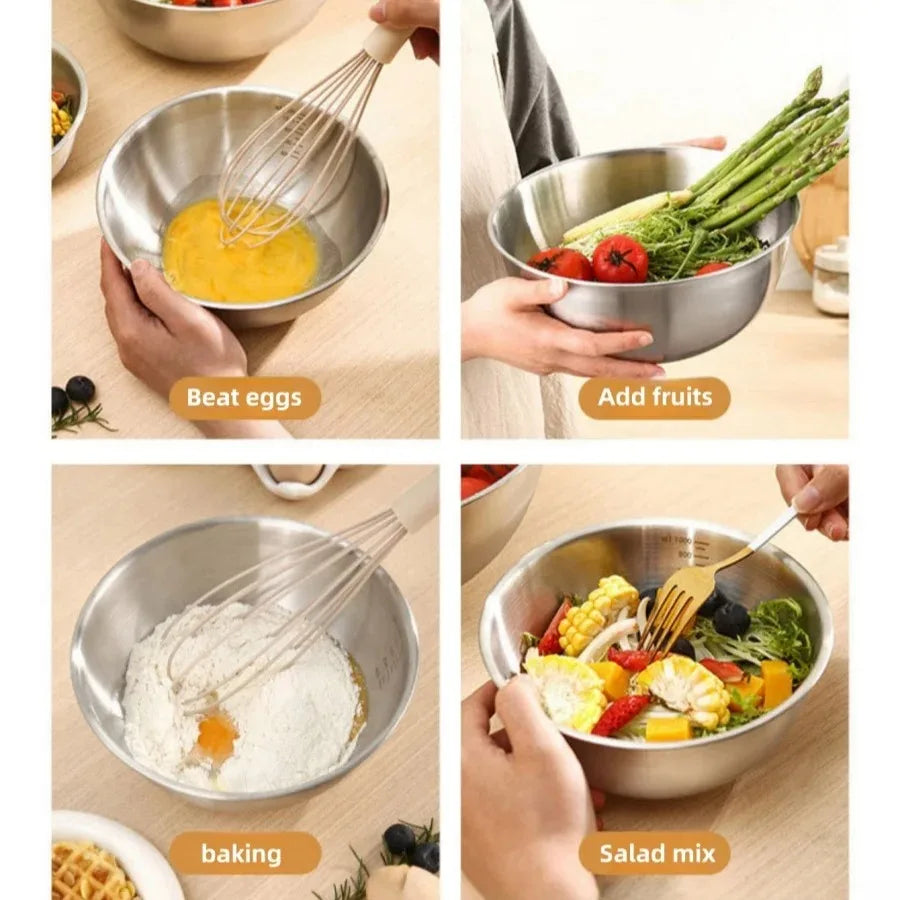1/3pcs Stainless Steel Salad Bowl with Scale Large Capacity Flour Mixing Basin Multifunctional Bowls for Home Kitchen Essentials