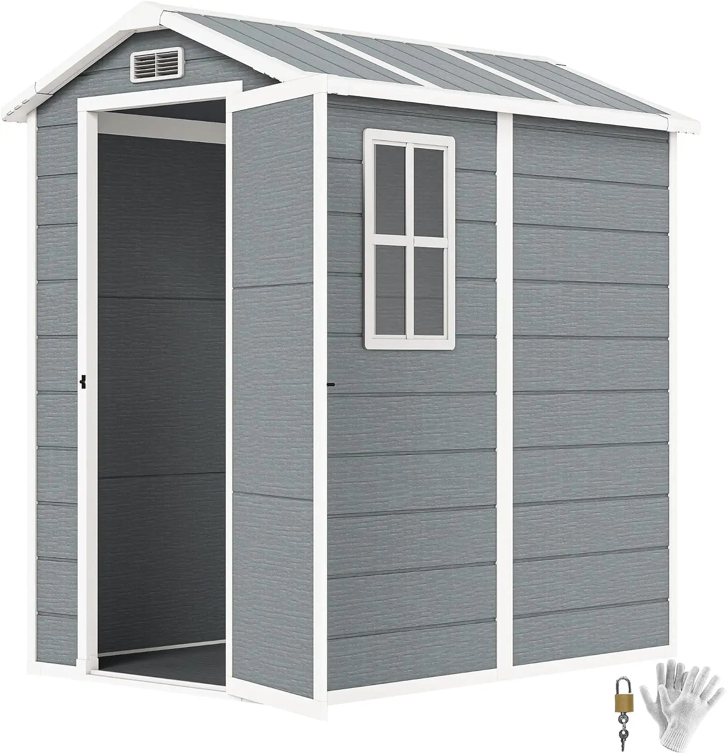 Outdoor Storage Shed Waterproof Resin with Floor Gray | With Floor, Window, Lockable Doors and Vents, All-Weather, Garden Tool Shed, for Backyard Patio Lawn