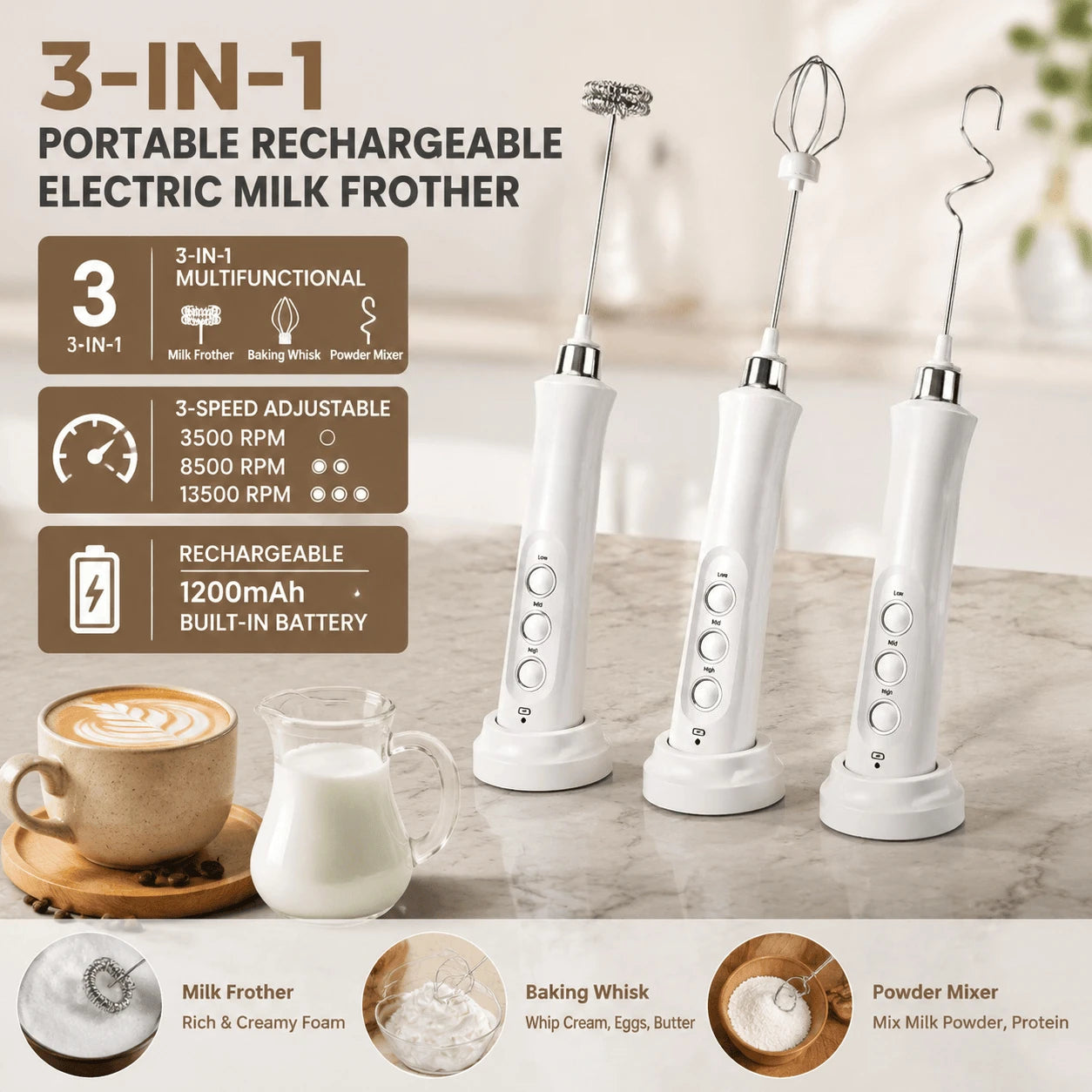 USB Rechargeable Milk Frother Mini Handheld Electric Foam Maker 3 Speed Whisks For Latte Cappuccino Coffee Drink Mixer Stainless Steel Egg Beater Hot Chocolate Blender Kitchen Gadgets Tools For Home Use