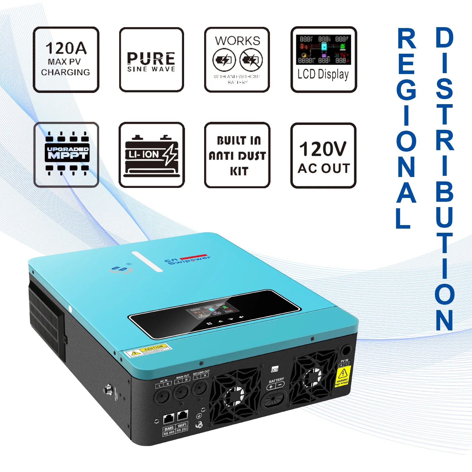 SWIPOWER 4000VA 3600W Hybrid Solar Inverter 120A MPPT Charger 24VDC to 120VAC PV（60~450VDC）