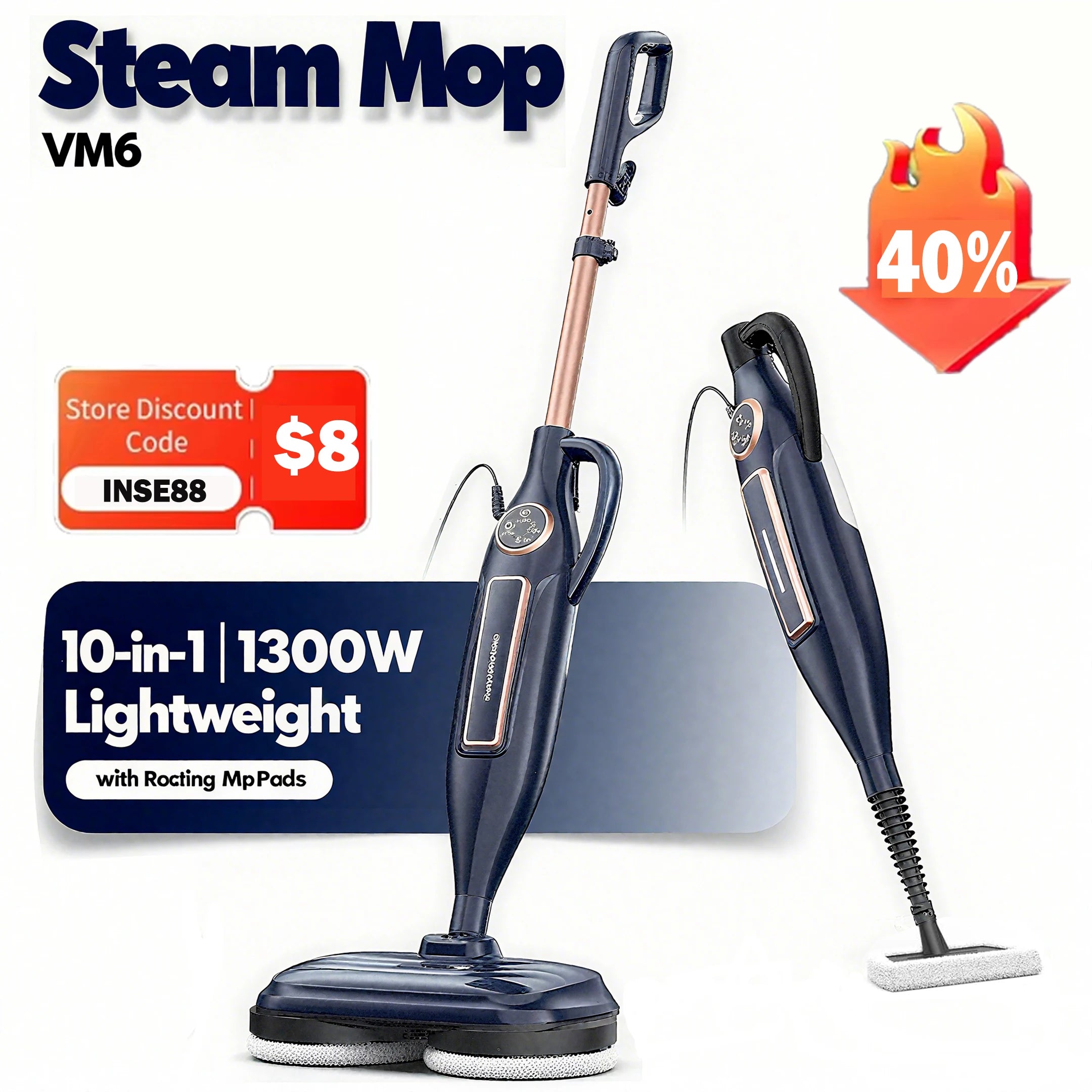 DEVOAC VM6 Steam Mop Cleaner with Rotating Mop Pad 10 in 1 Lightweight Spin Mop 1300W Powerful Floor Steamer for Home Hardwood