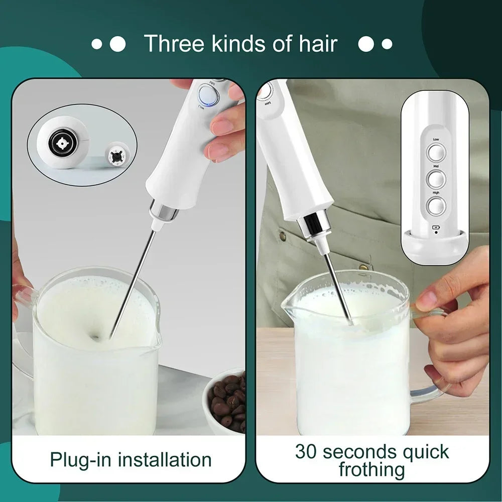 USB Rechargeable Milk Frother Mini Handheld Electric Foam Maker 3 Speed Stainless Steel Whisks for Latte Coffee Cappuccino Hot Chocolate Egg Beater Drink Mixer Blender Kitchen Gadgets Tools Portable Cordless