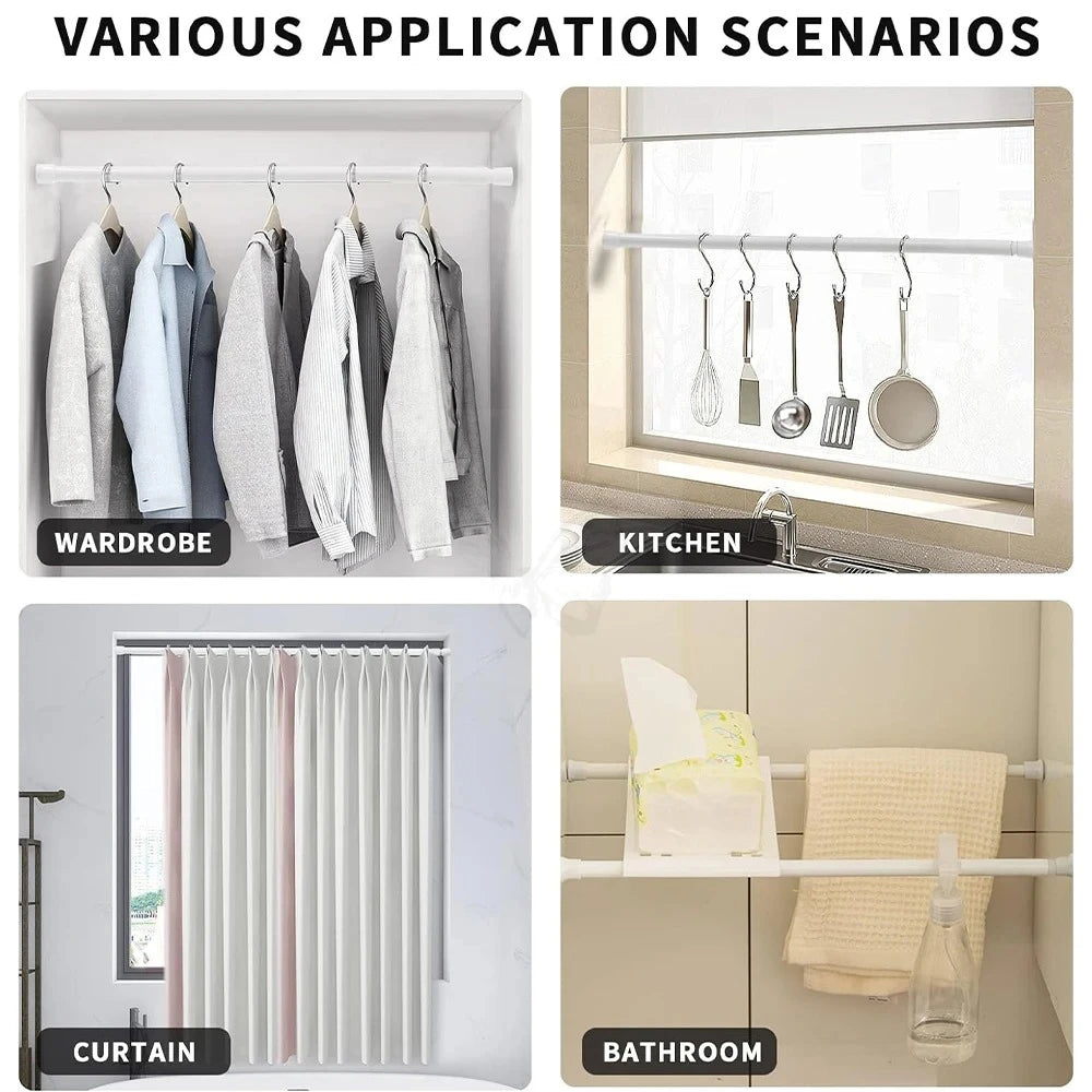Spring Tension Curtain Rods Durable Adjustable Length Hanging Extendable Telescopic Poles for Bathroom Kitchen Cupboard No Drill