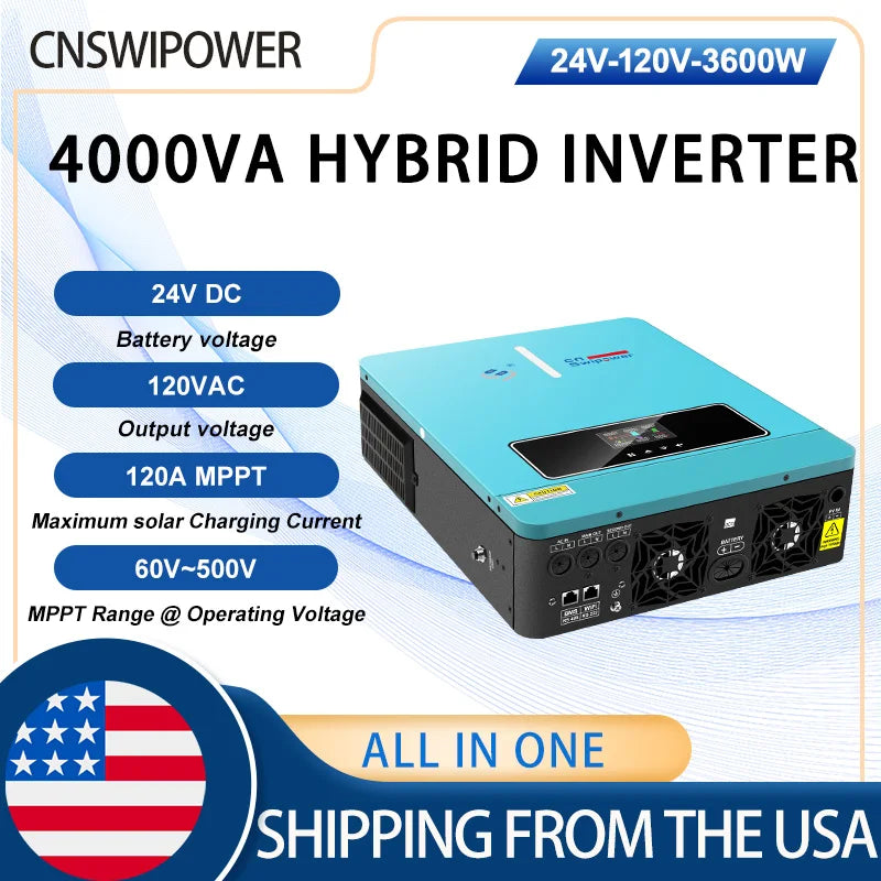 CNswipower 4000VA Solar Inverter Charger 24VDC to 120VAC 50HZ/60HZ Hybrid Inverter with 120A MPPT Technology LCD Display 3600W