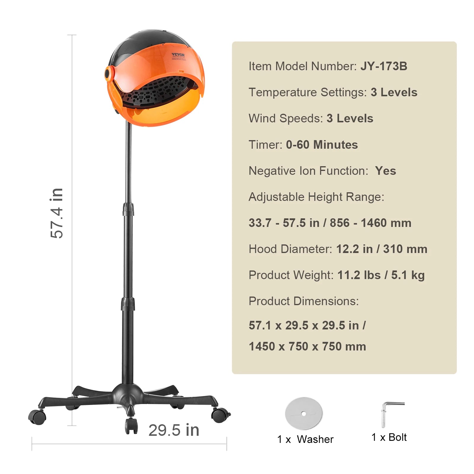 SucceBuy Ionic Hood Dryer 1875W Bonnet Hair Dryer Timer 3 Temperature Levels&Adjustable Speed Mobile Floor Stand with Wheels