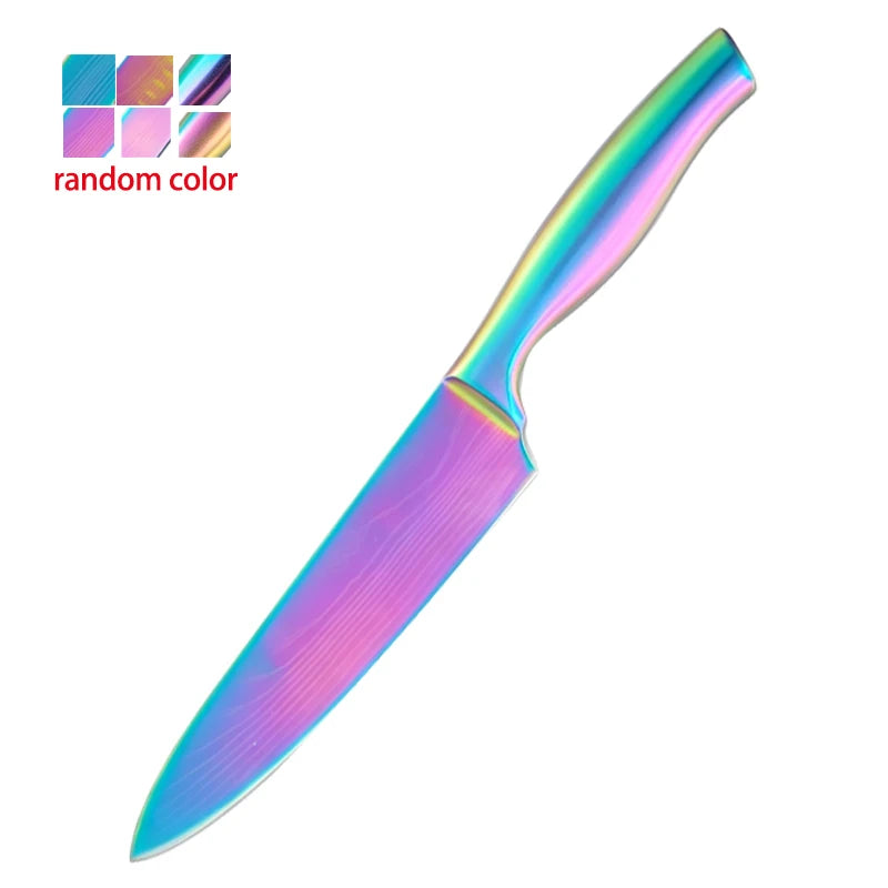 BAFENGS Rainbow Knife Set, Laser Printed Damascus Pattern, Stainless Knives, Chef Bread Santoku Utility Knife, Kitchen Scissors