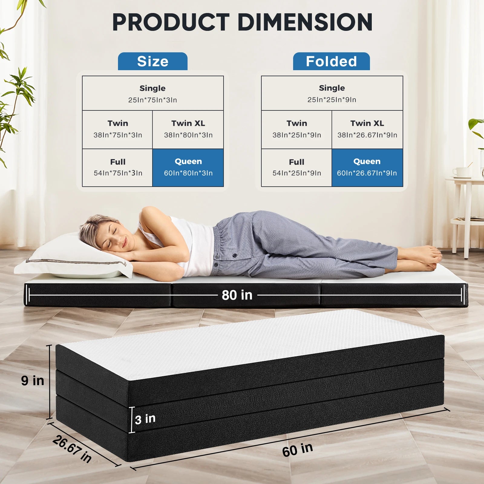 MCQ Foldable Tri-fold Mattress 3 Inch Portable Soft Bed Pad Collapsible and Washable Cover with CertiPUR-US Certified for Home