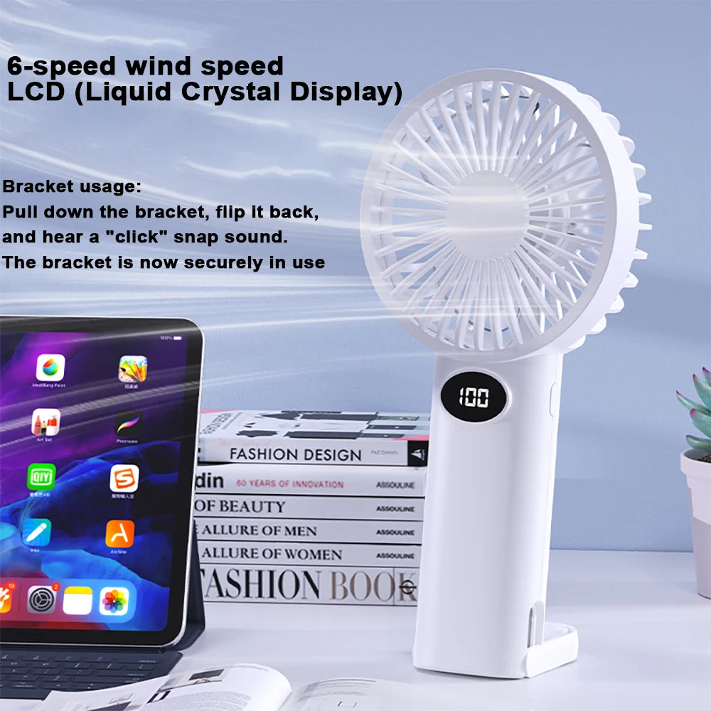 Handheld/Desk-Stand/Overhead Multi-Functional Small Fan with LCD Display and 6 Wind Speed Levels