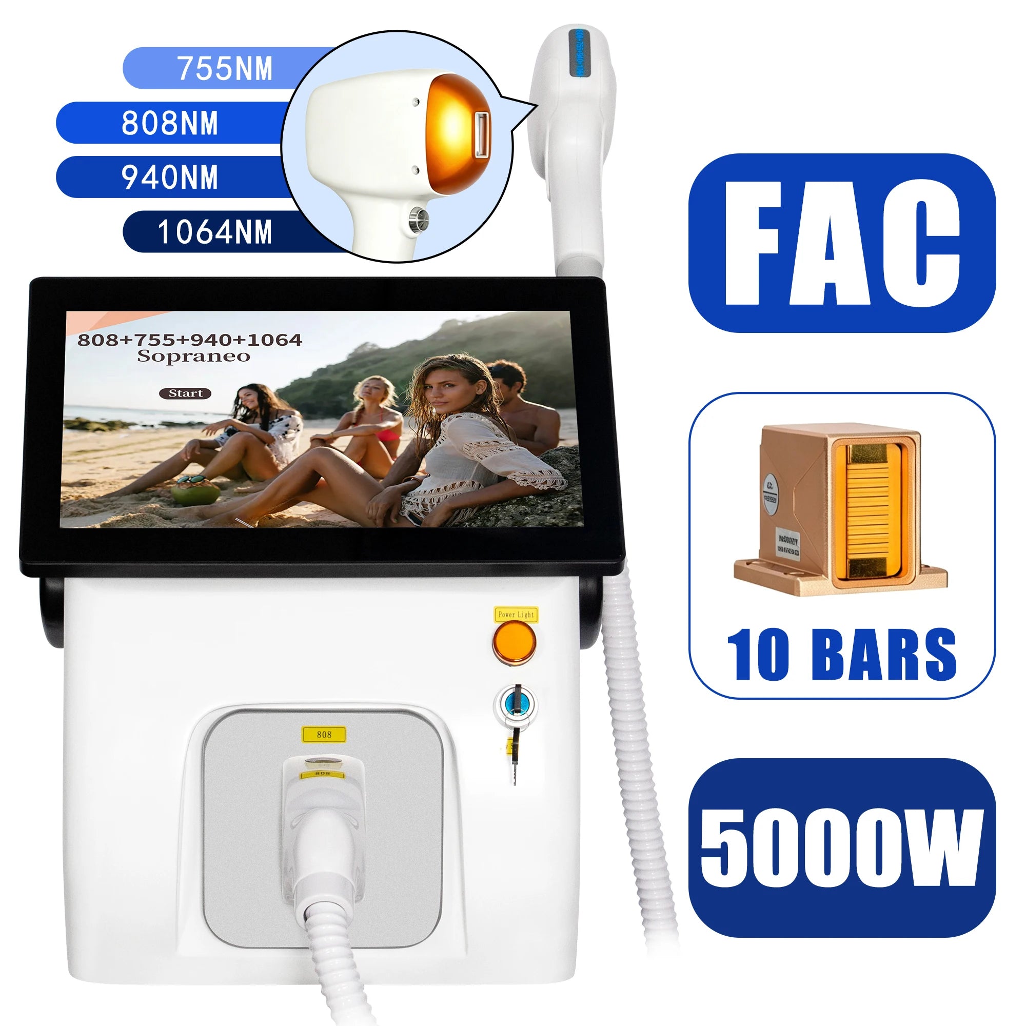 808nm Diode Hair Removal Machine 5000W 4 Wavelength FAC TEC Permanent Painless Icy Handle Skin Firming Body Care Equipment
