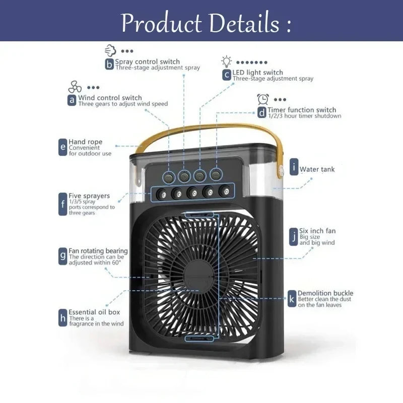 New 3 In 1 Mini Air Cooler Portable Fan Air Conditioner Humidifier with LED Night Light Adjustable Wind Speed Desktop CoolingFan