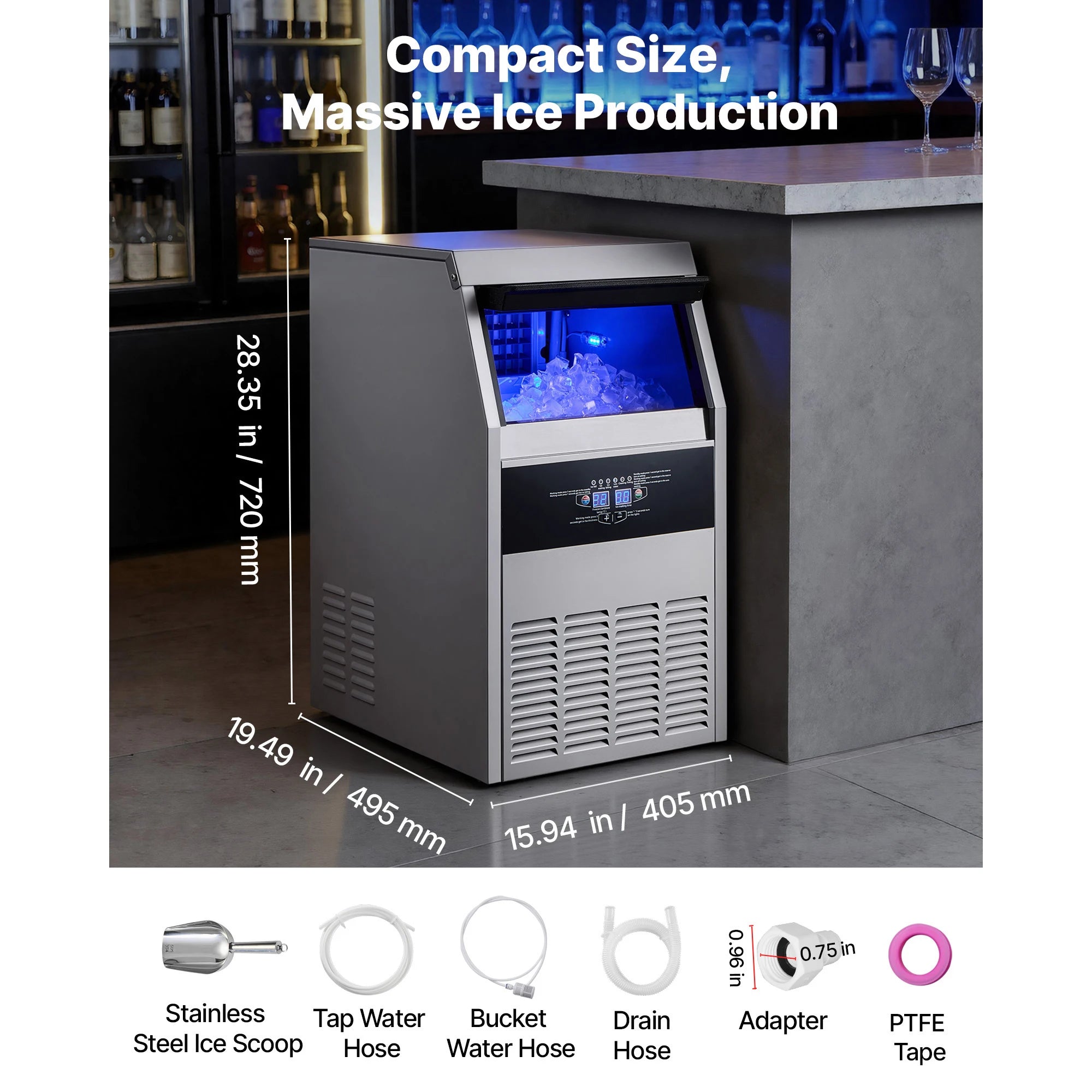 SucceBuy Commercial Ice Maker Machine 120/150 lbs/24h with 30 lbs Storage Capacity Built-in/Freestanding/Under Counter for Home