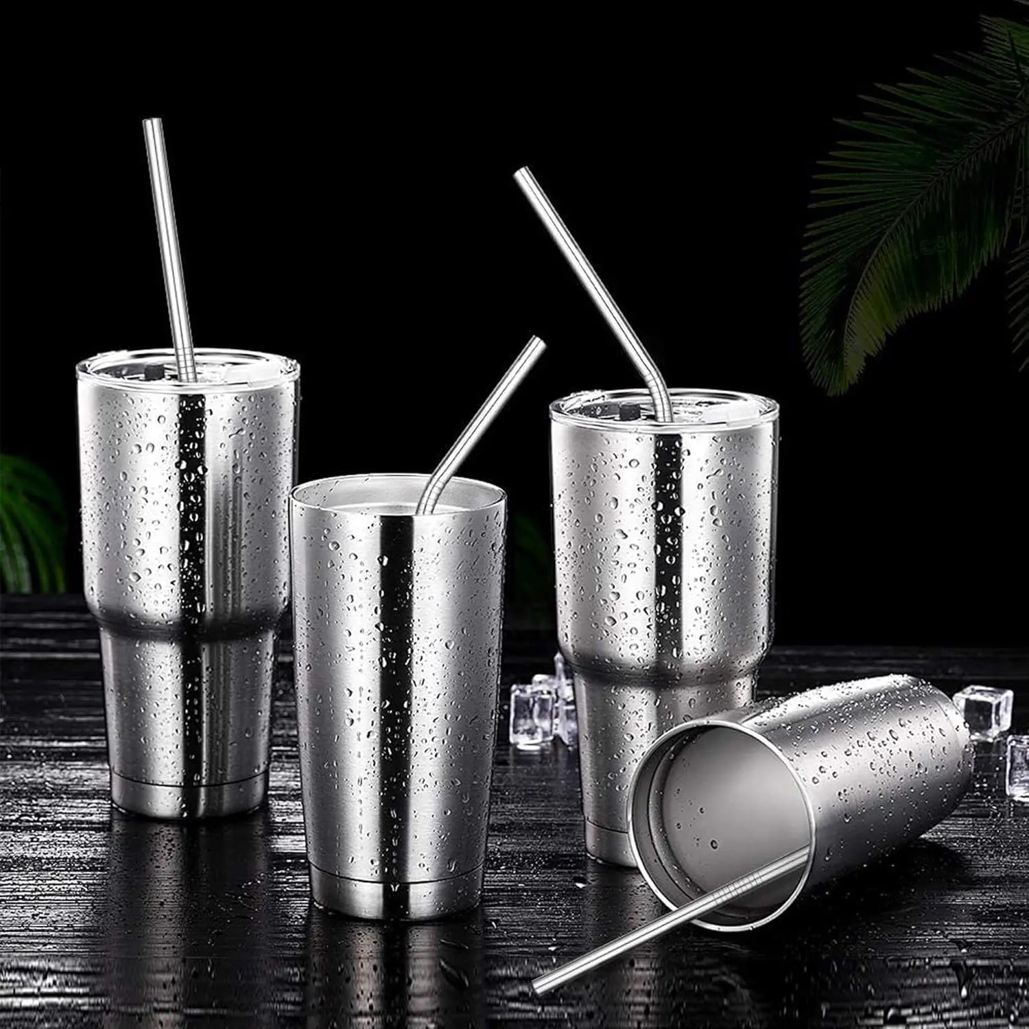 Set of 4 Reusable Metal Straws, 10.5'' Long Stainless Steel Straw with Cleaning Brushes and Case, Drinking for 30 oz and 20 oz T