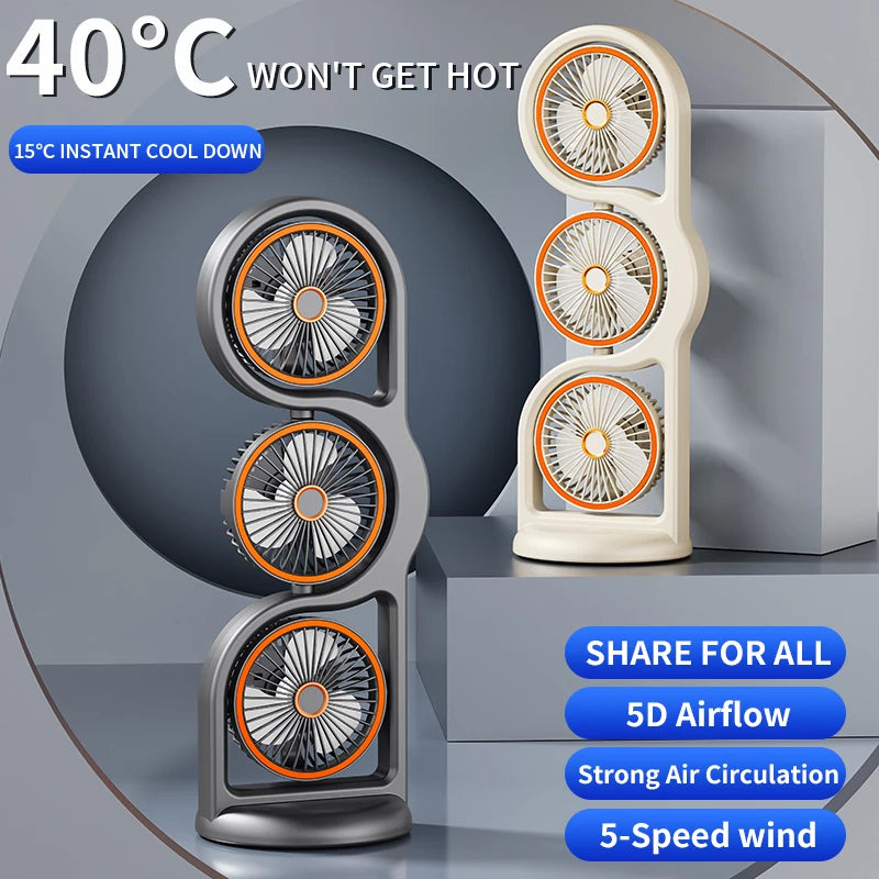 Portable USB Rechargeable 3-Head Desktop Fan, 360° Rotation Circulating Fan 5 Speed Wind for Dormitory Outdoor