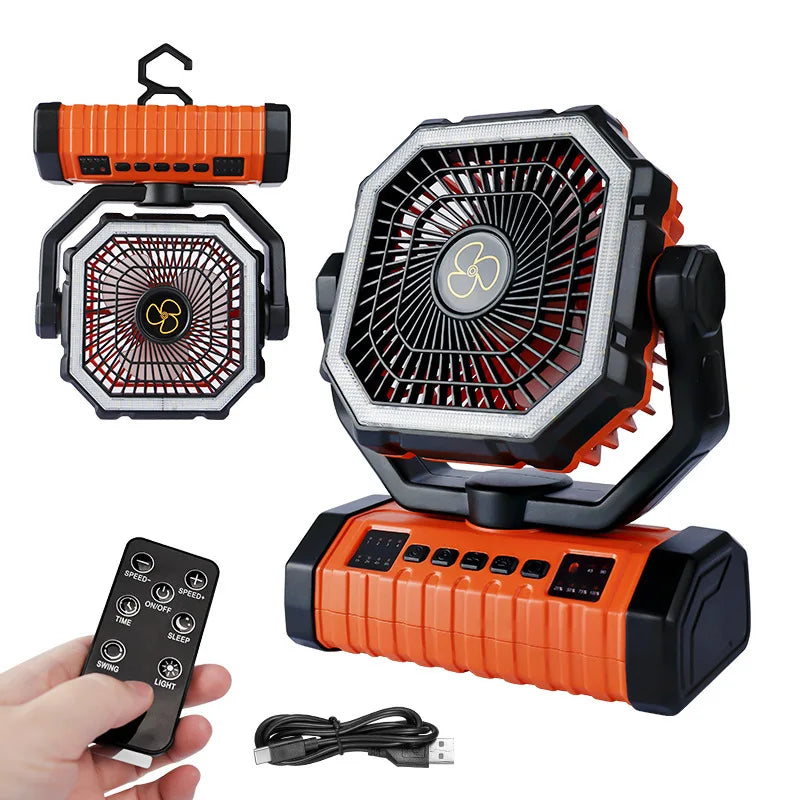 Camping Fan 20000mAh Battery Powered Fan Rechargeable with LED Light Portable Outdoor Tent Fan with Hanging Hook 4 Speeds Wind