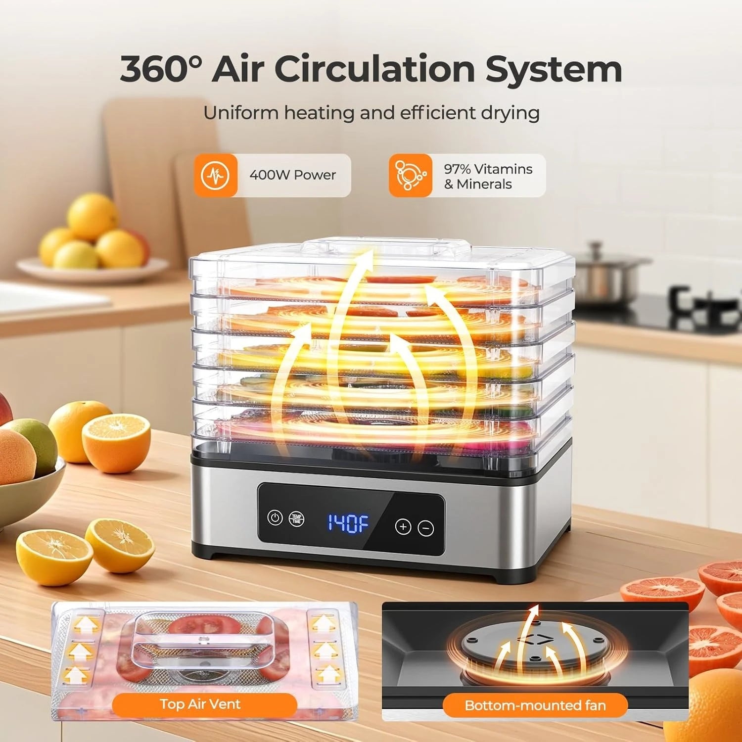 5 Trays Food Dehydrator , 400W Powerful Drying, 48H Timer & 95–160°F Temp Control, Quiet Small Dryer for Jerky, Fruits, Herbs, Mushrooms