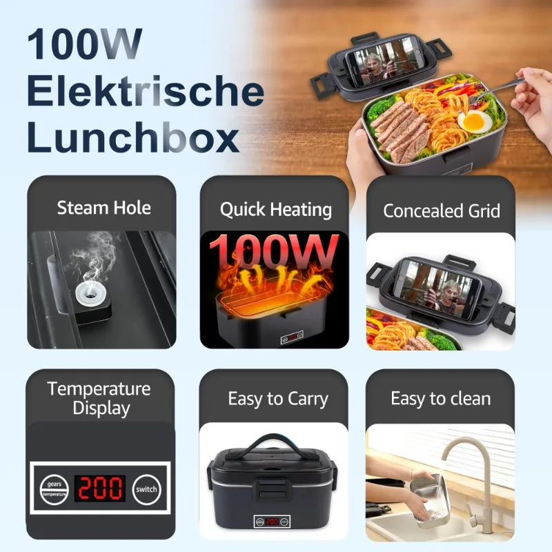100W Temperature‑Control Electric Lunch Box,1.8L 304 Stainless‑Steel Food Heater,12V/24V Car & Household Dual‑Use Portable Heated Bento Box with Digital Temp Display for Office,Travel