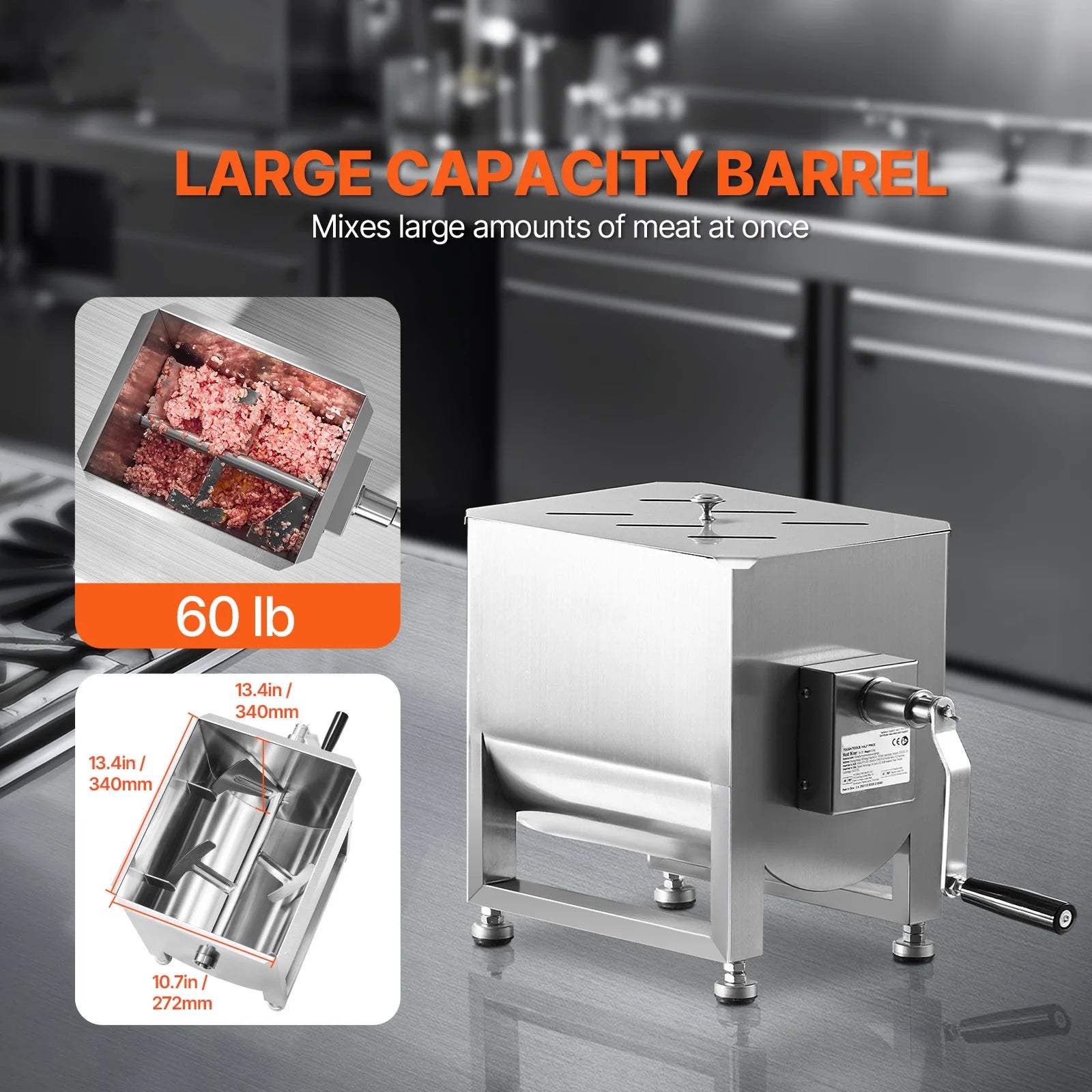 SucceBuy Manual Meat Mixer 10-60L Tank Meat Processing Equipment(Mixing Max 60LBS ) with Lid Handle Gear Reducer Hand Mixer