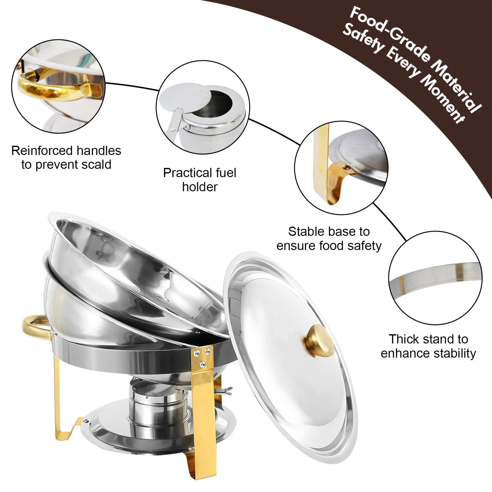 Chafing Dish Buffet Set Stainless Steel Round Half-Gold Plated Buffet Warmer Set 316 for Home Parties Christmas Buffet Birthday