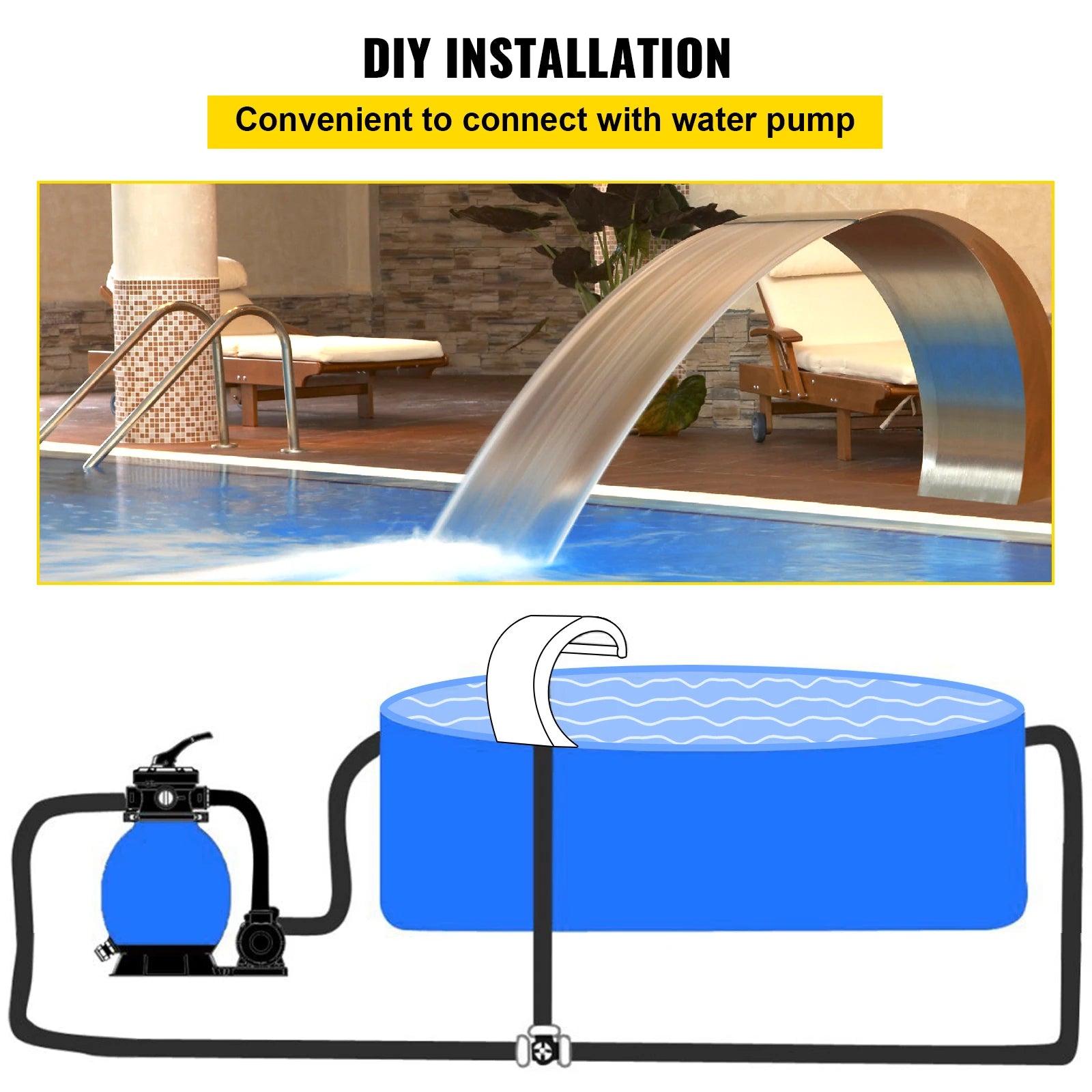SucceBuy 60x30/40x20cm Pool Fountain Waterfall Stainless Steel Fountain Pond Garden Swimming Feature Decorative Hardware Faucet