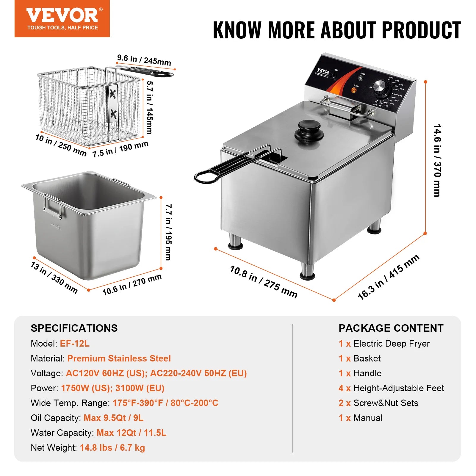 SucceBuy Commercial Deep Fryer Electric Countertop Fryer with Basket 11.6Qt Stainless Steel Single Oil Fryer w/Time&Temp Control