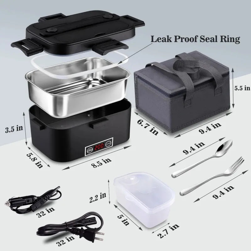 100W Temperature‑Control Electric Lunch Box,1.8L 304 Stainless‑Steel Food Heater,12V/24V Car & Household Dual‑Use Portable Heated Bento Box with Digital Temp Display for Office,Travel