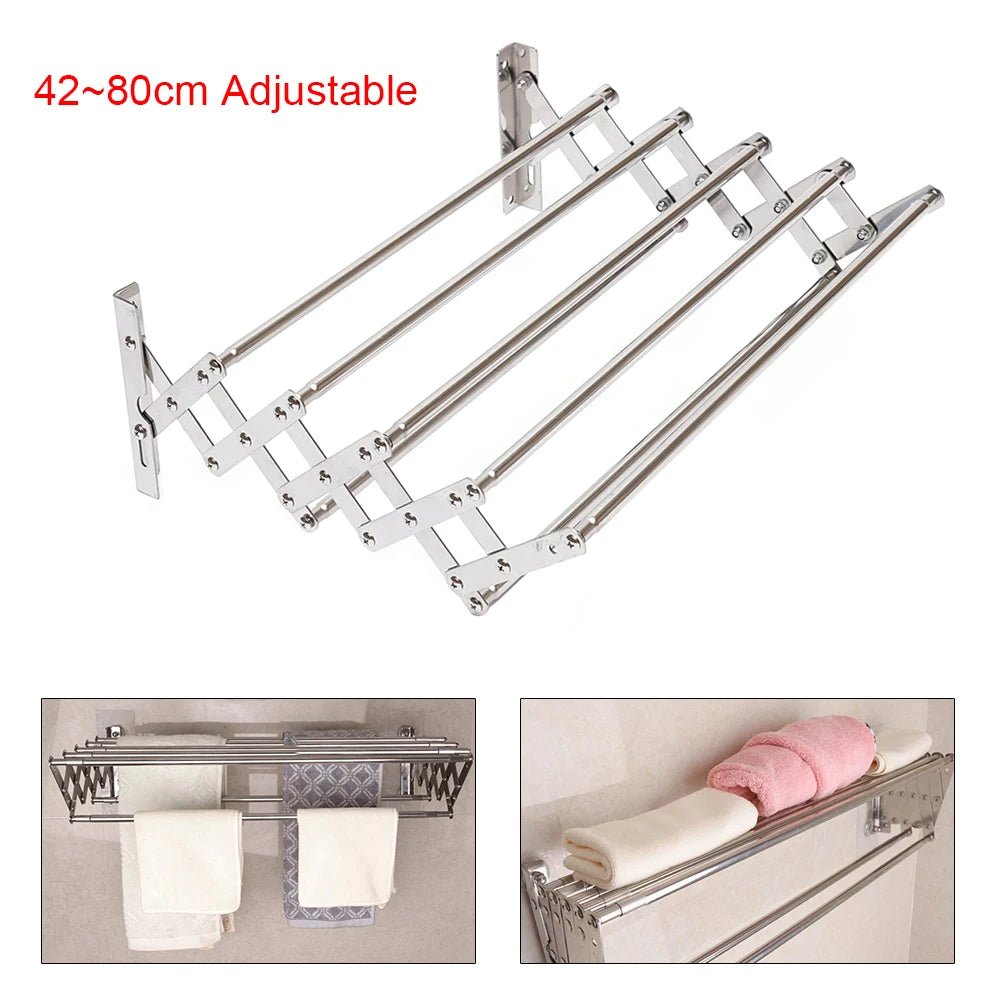 Stainless Steel Wall Mounted Laundry Drying Rack Length Adjustable 42~80cm, Foldable Towel Holder Bathroom Easy To Install