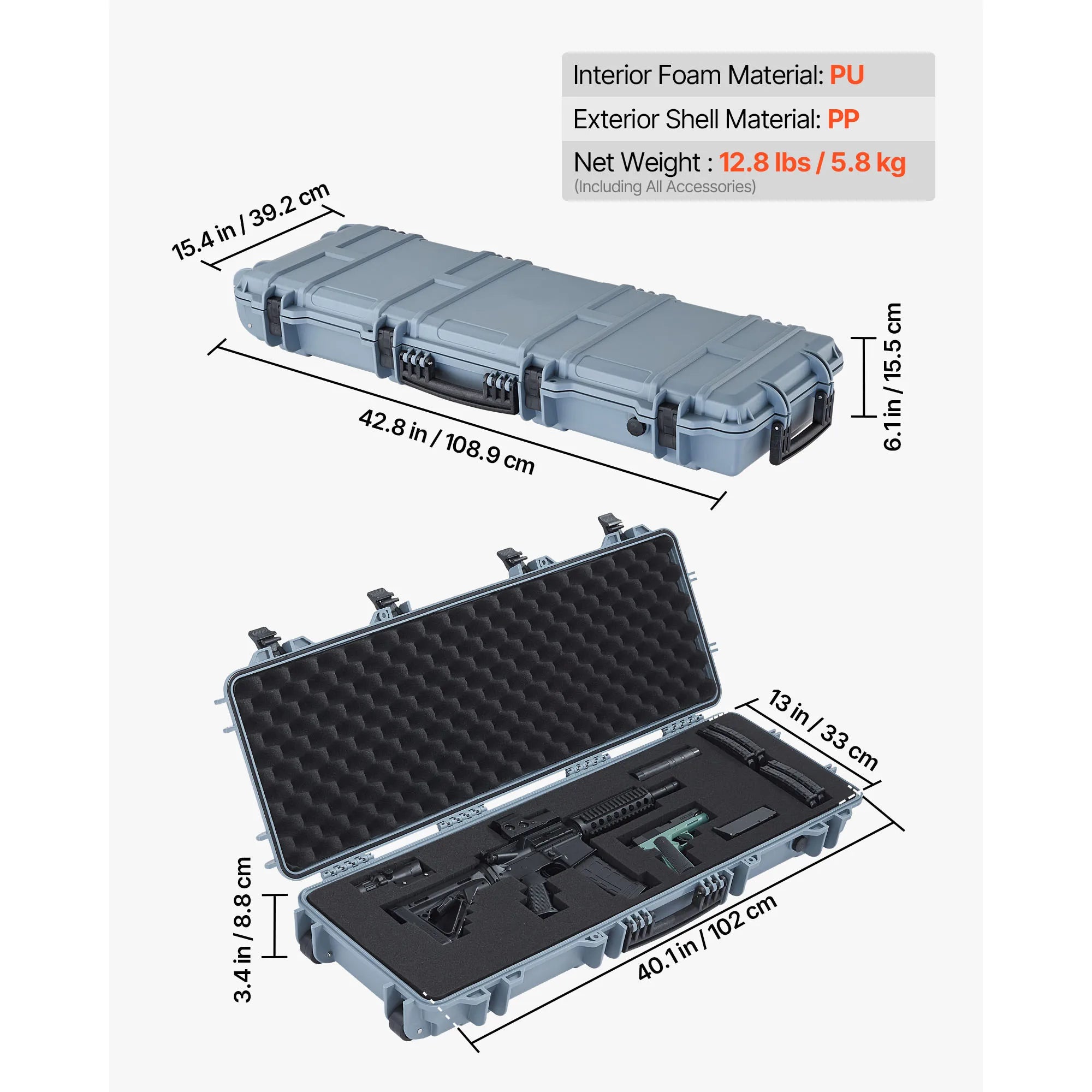 SucceBuy Hard Rifle Case Lockable Rifle Case with Pre-cut Foams Wheels IP67 Waterproof Pistol Storage Cases for Rifles Shotguns