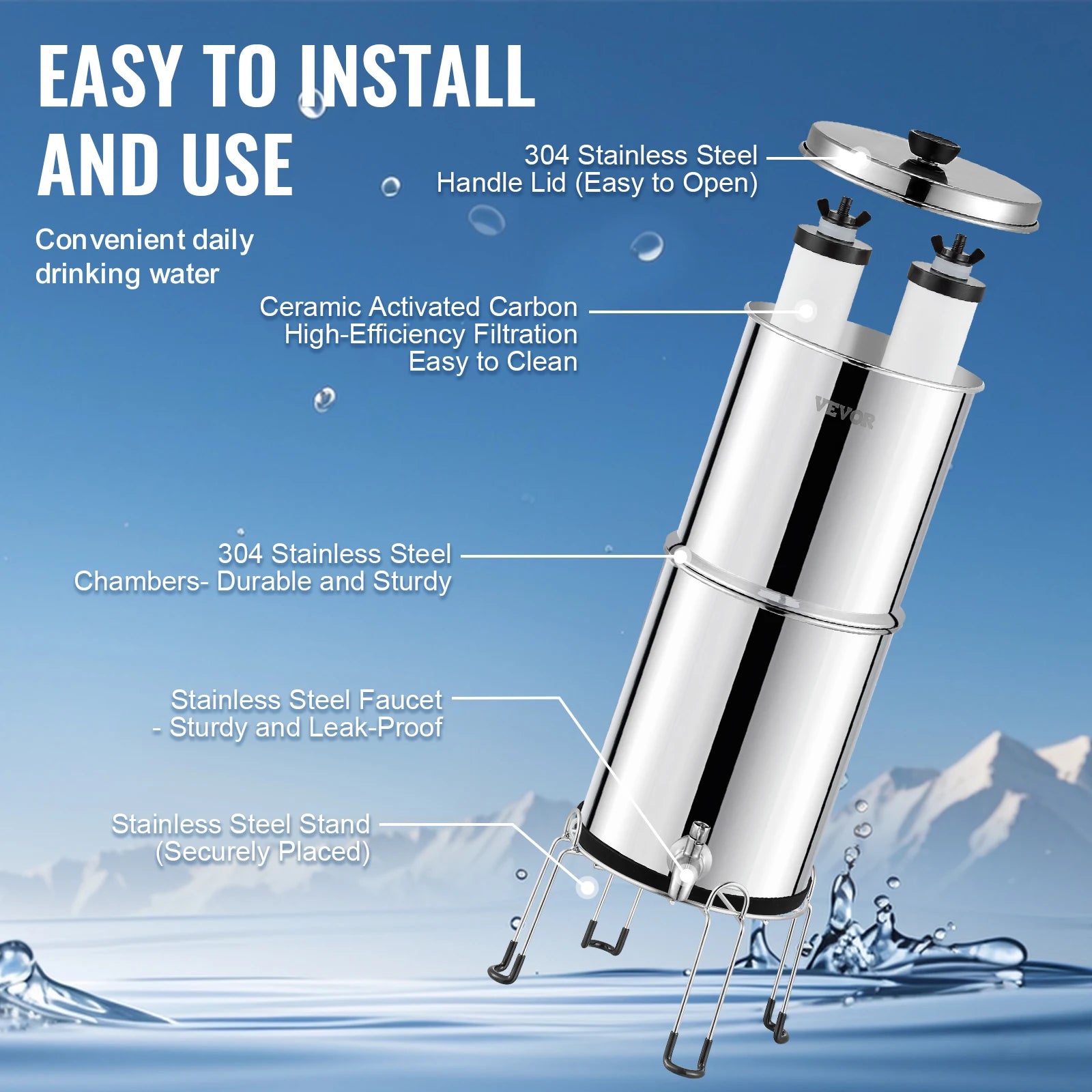 SucceBuy Gravity-fed Water Filter System 2.25 G 304 Stainless Steel Countertop Water Filtration System with 2 Carbon Filters