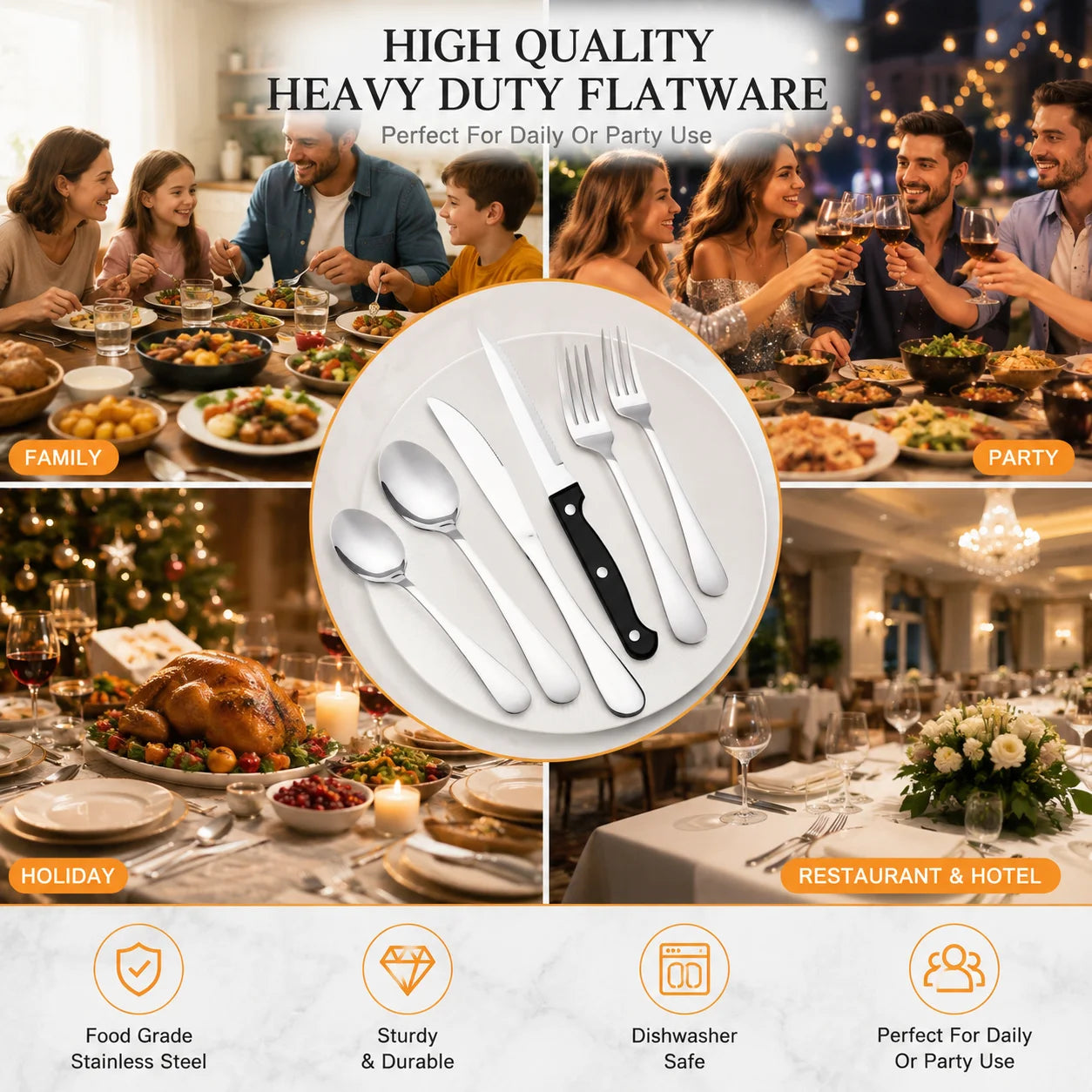 KOOMADE 24Pcs Stainless Steel Flatware Set Service for 4 Mirror Polished Cutlery With Steak Knives Forks Spoons Dishwasher Safe for Home Wedding Holiday Gift