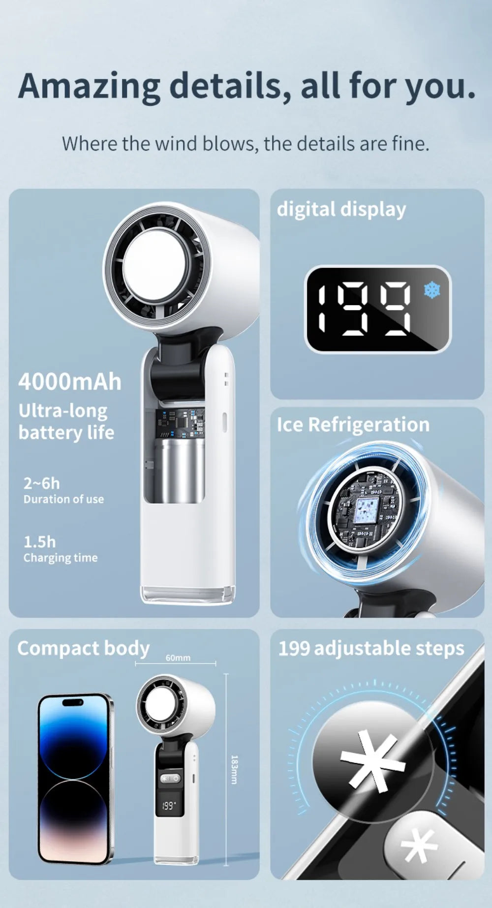 Portable Handheld fan Strong Wind 199 Gear Wind speed LED Digital Display Adjustable Turbo Portable Outdoor Handheld 4000mAh