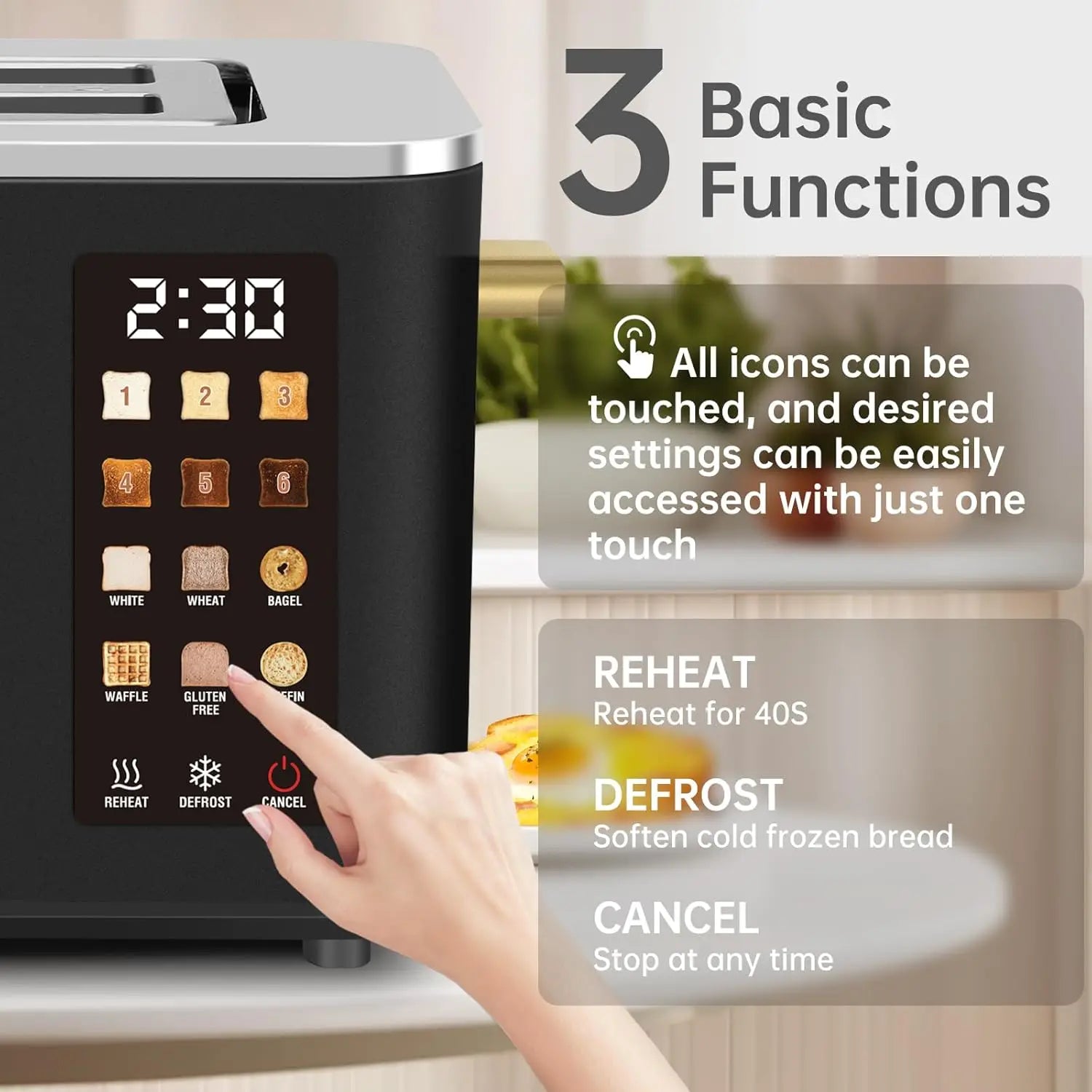 Toaster 2 Slice, Touch Control Screen, Smart Stainless Toaster, 6 Shade Setting, 6 Bread Selection, Countdown, Removable Crumb Tray, 900W,Household Appliances