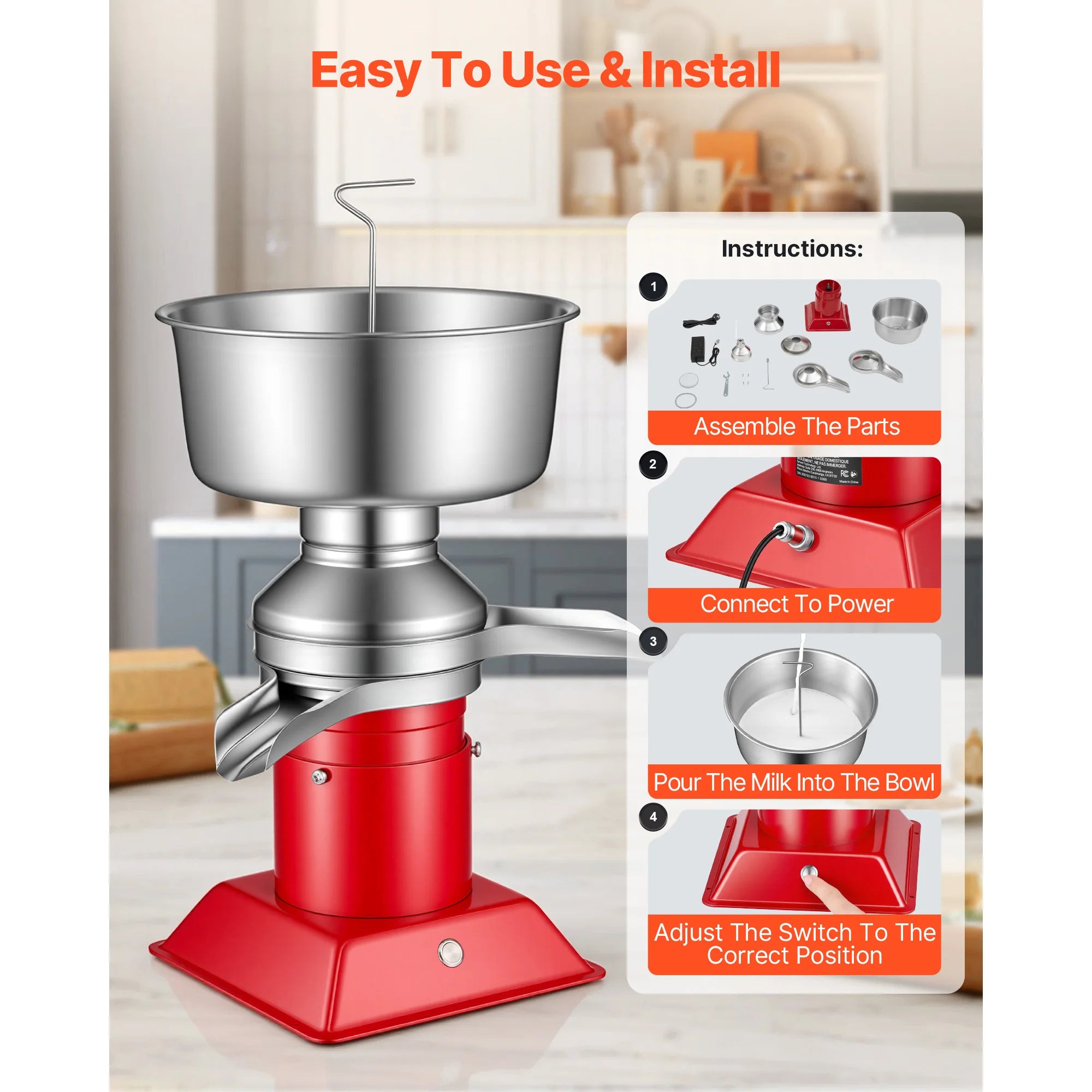 SucceBuy Electric Milk Cream Separator Output 10500RPM 304 Stainless with 4.5L Bowl Capacity Milk Skimmer Separating Machine