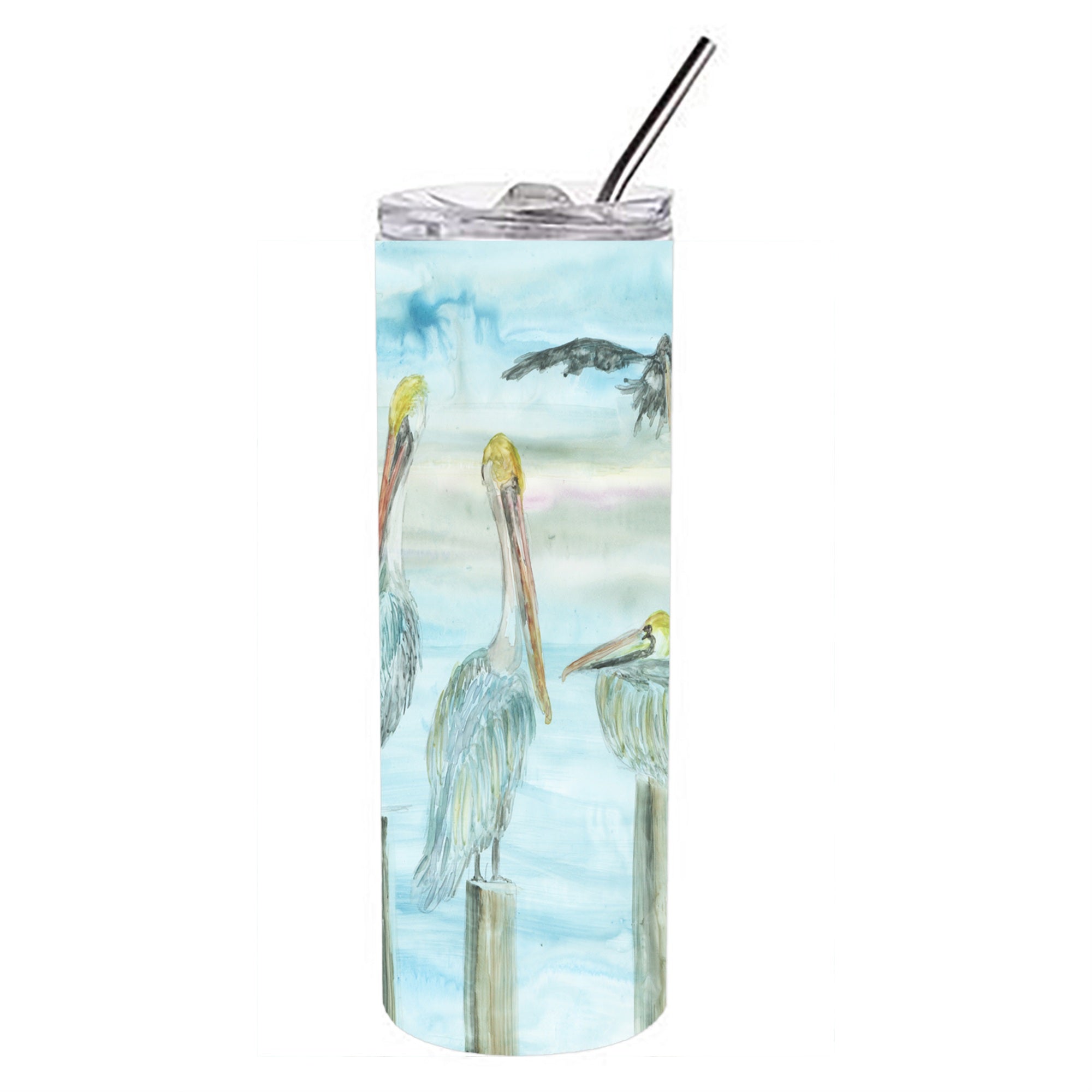 'Caroline'S Treasures Pelicans In Blue Double Walled Stainless Steel 20 Oz Skinny Travel-Insulated-Tumblers, Multicolor''
