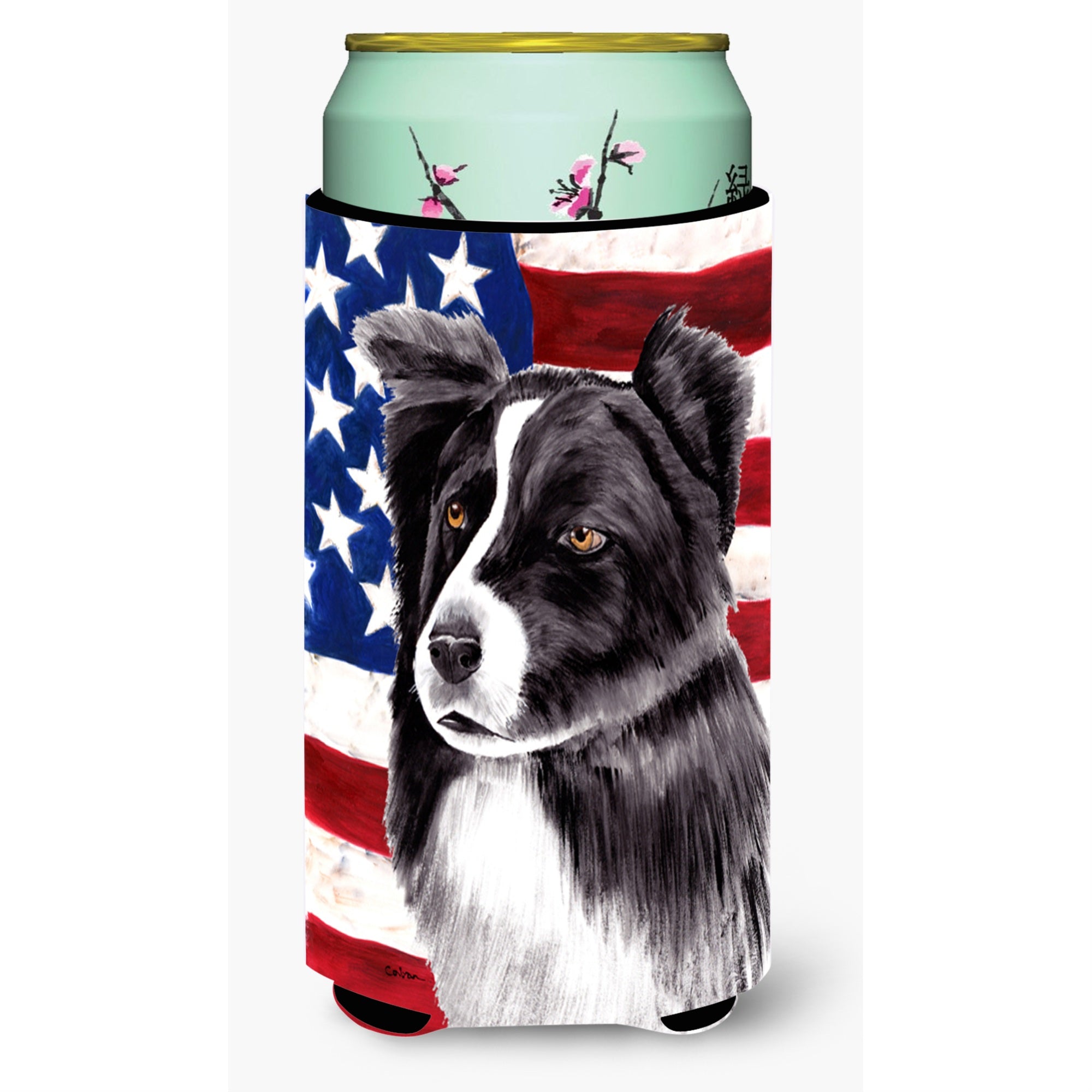 Usa American Flag With Border Collie  Tall Boy Beverage Insulator Beverage Insulator Hugger