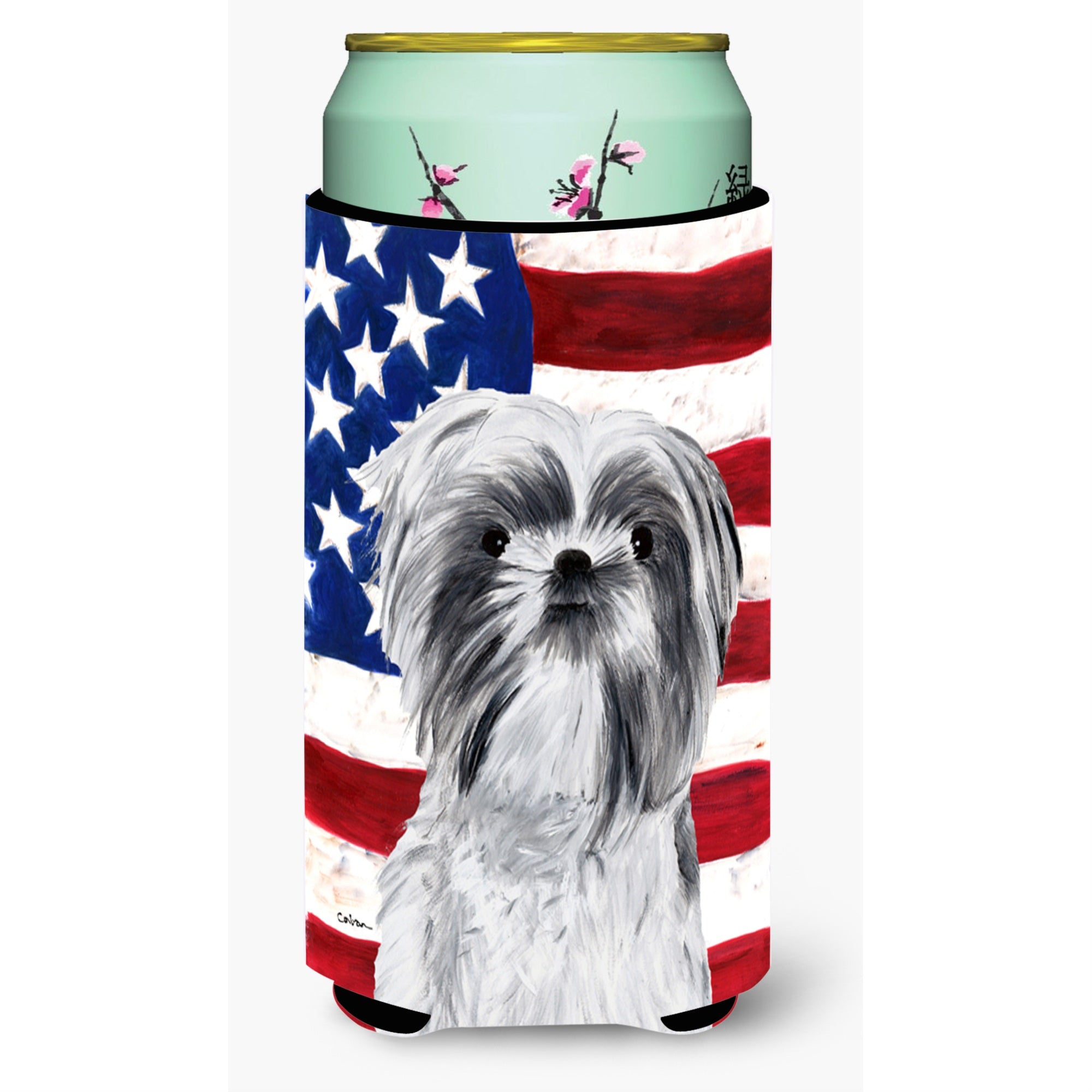Usa American Flag With Shih Tzu  Tall Boy Beverage Insulator Beverage Insulator Hugger