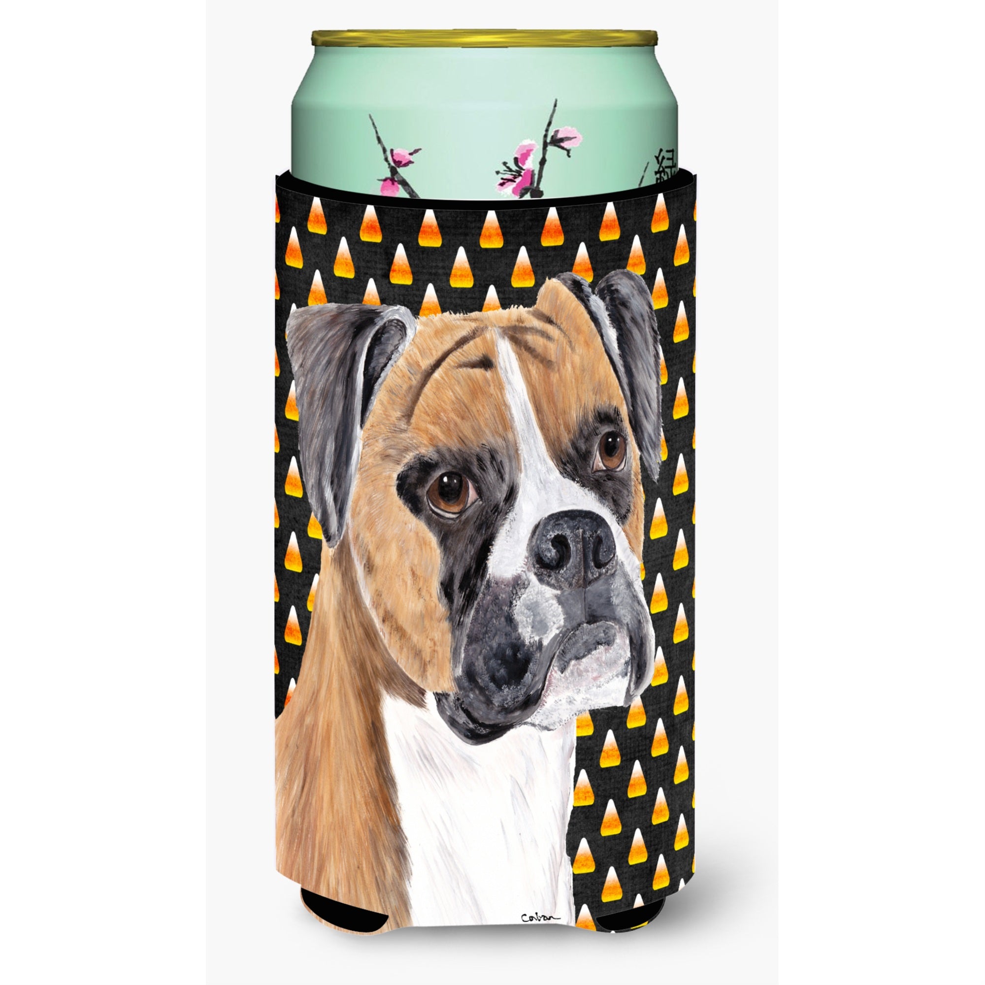 Boxer Fawn Uncropped Ears Candy Corn Halloween Portrait  Tall Boy Beverage Insulator Beverage Insulator Hugger