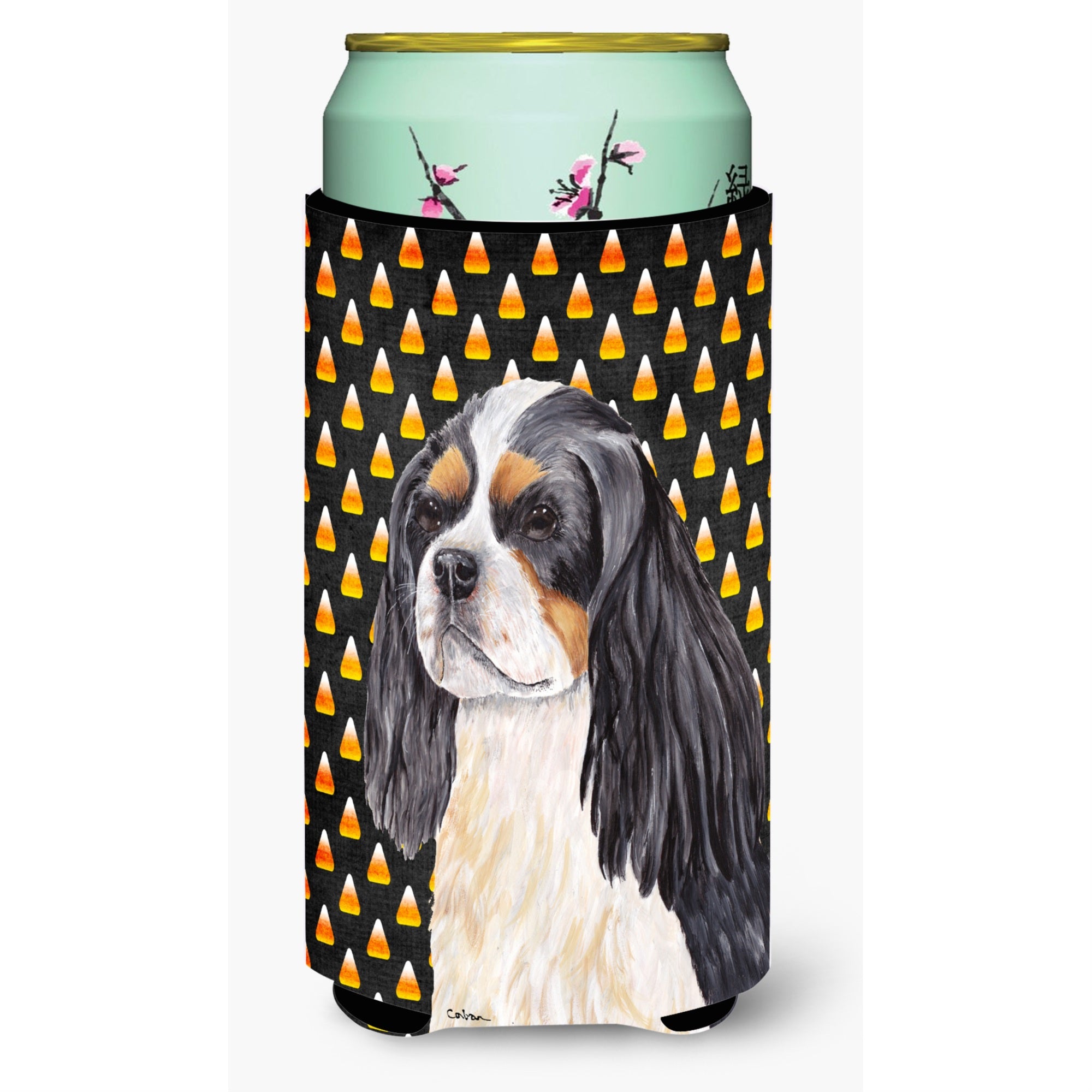 Cavalier Spaniel Tricolor Candy Corn Halloween Portrait  Tall Boy Beverage Insulator Beverage Insulator Hugger