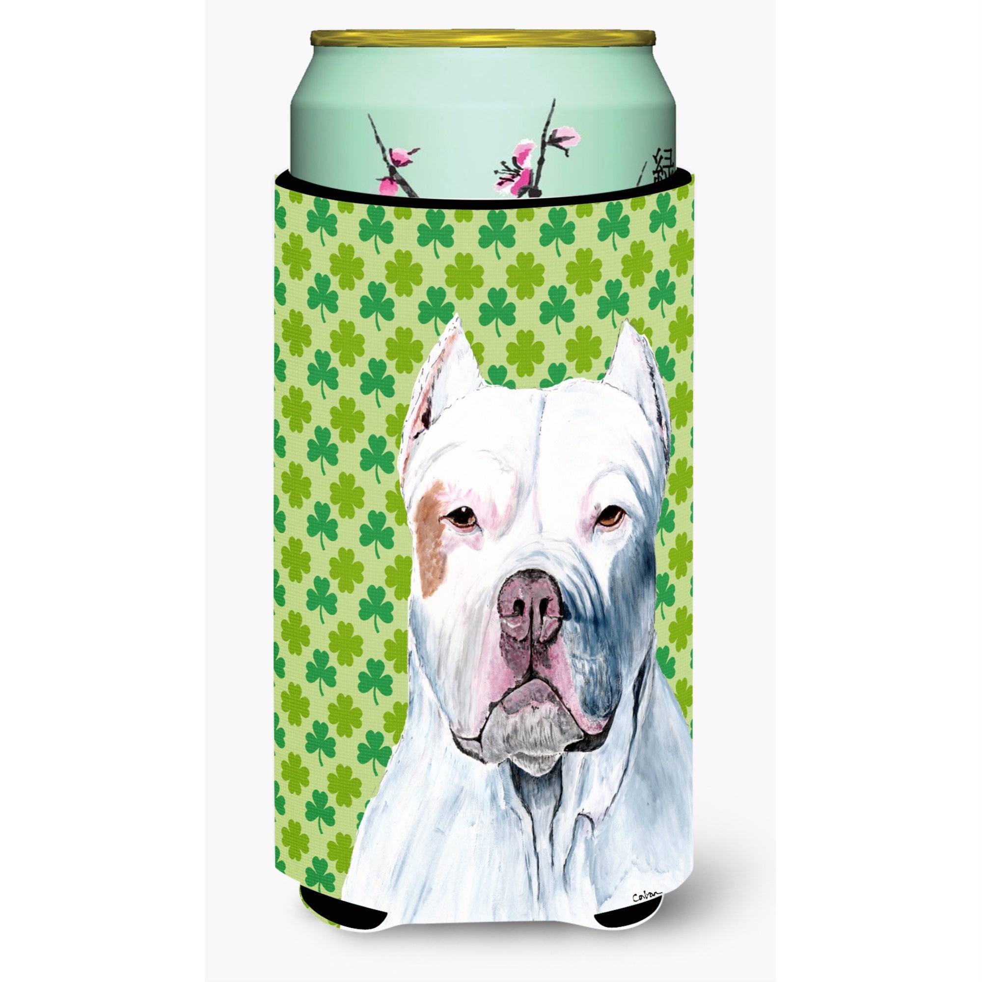 Pit Bull St. Patricks Day Shamrock Portrait  Tall Boy Beverage Insulator Beverage Insulator Hugger