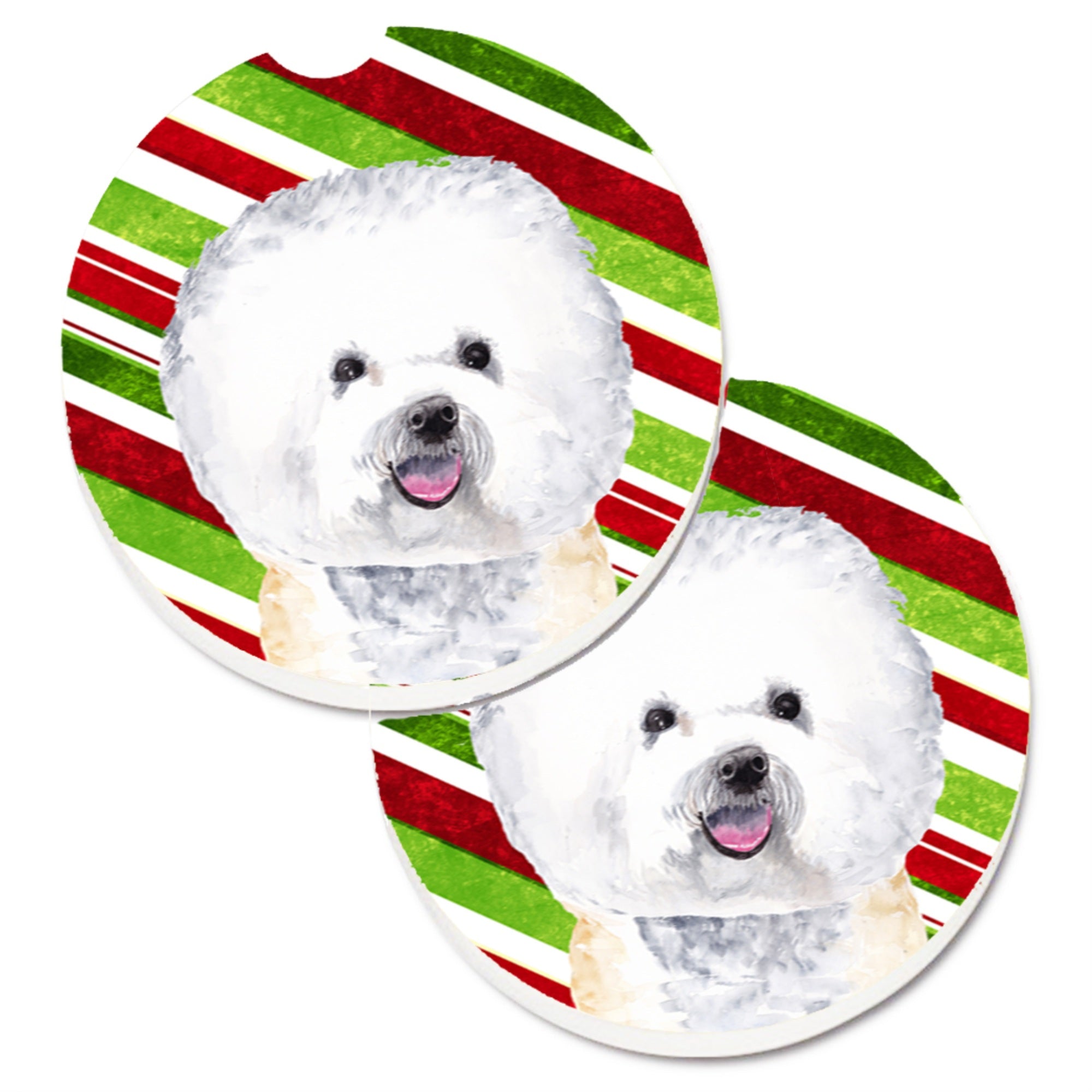 'Caroline'S Treasures Bichon Frise Candy Cane Holiday Christmas Set Of 2 Cup Holder Car Coasters Sc9322Carc, 2.56, Multicolor''