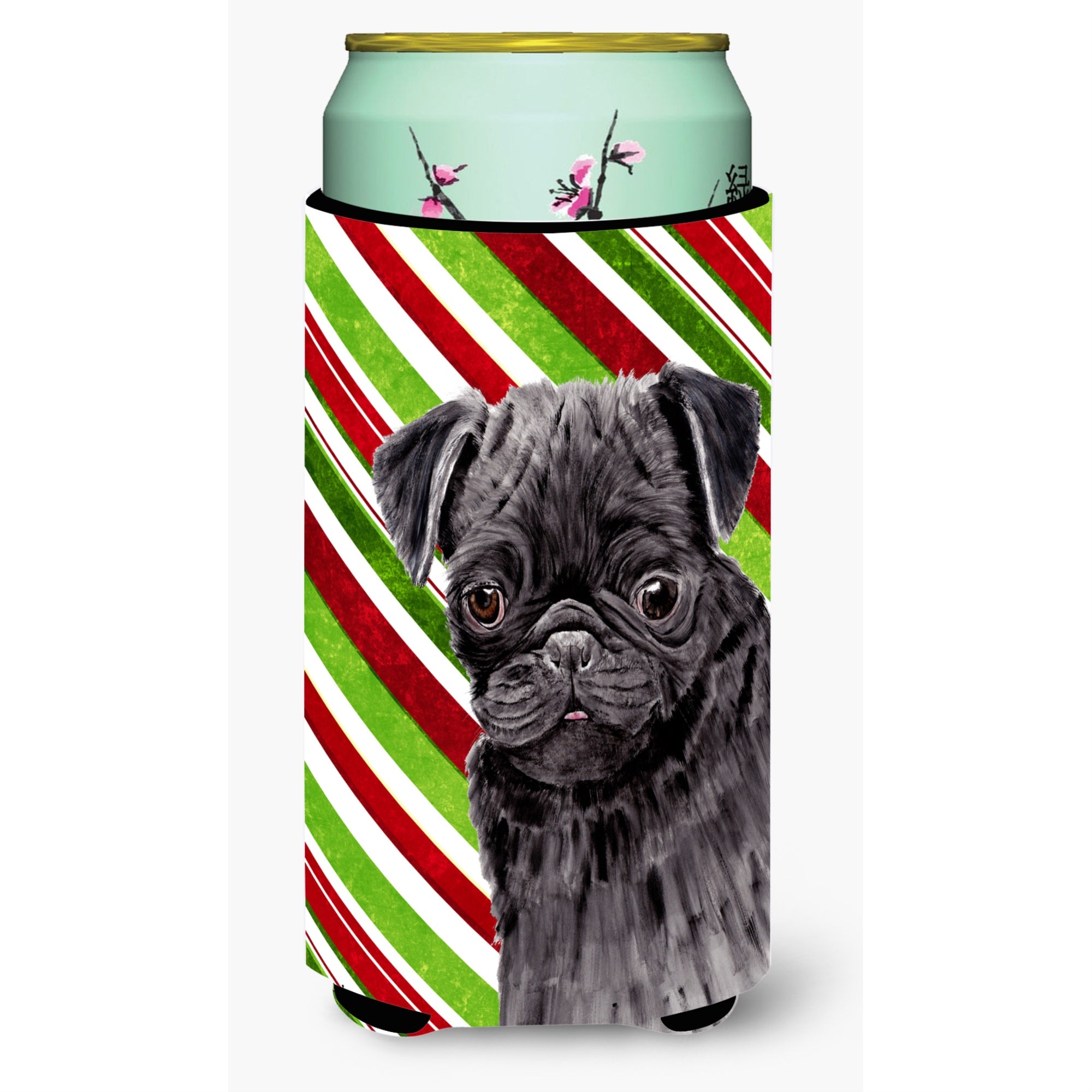 Pug Candy Cane Holiday Christmas  Tall Boy Beverage Insulator Beverage Insulator Hugger